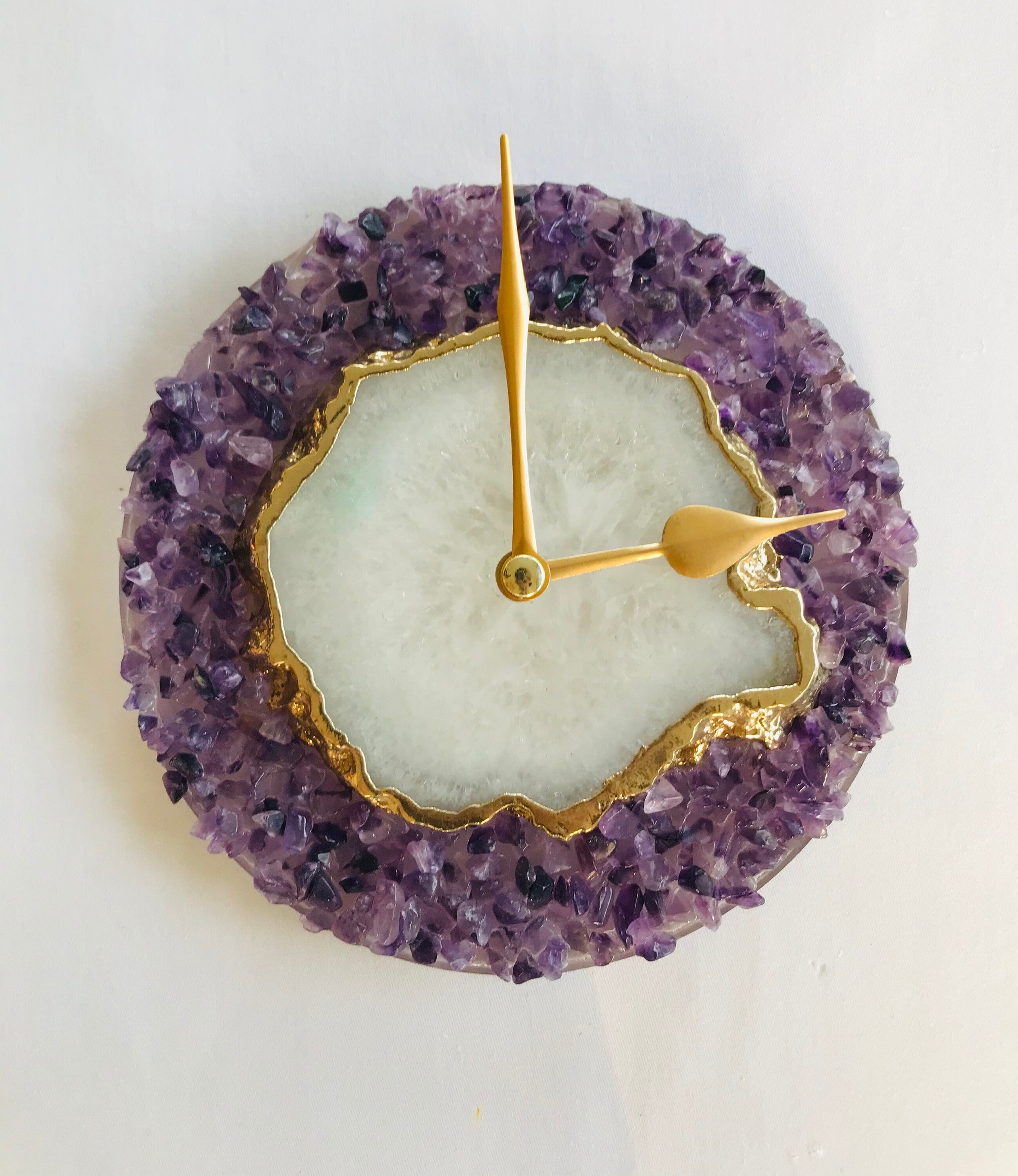 6" Diameter Purple Crystal With White Agate Wall Clock-0