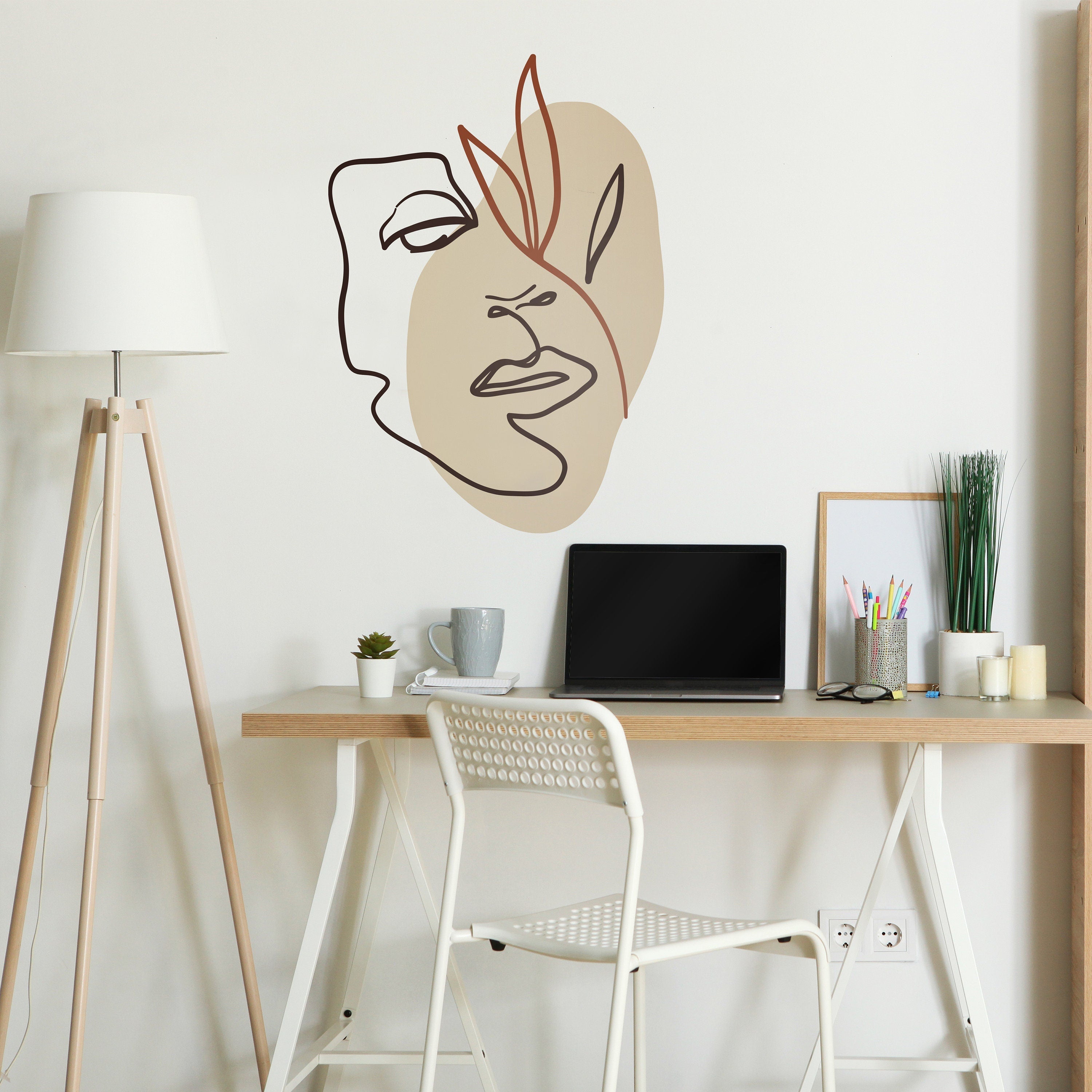 Line Woman Face, Boho Wall Decal, Bohemian Wall Decor, Neutral Color Wall Art, Room Decor Aesthetic - SKU:FCFL-0