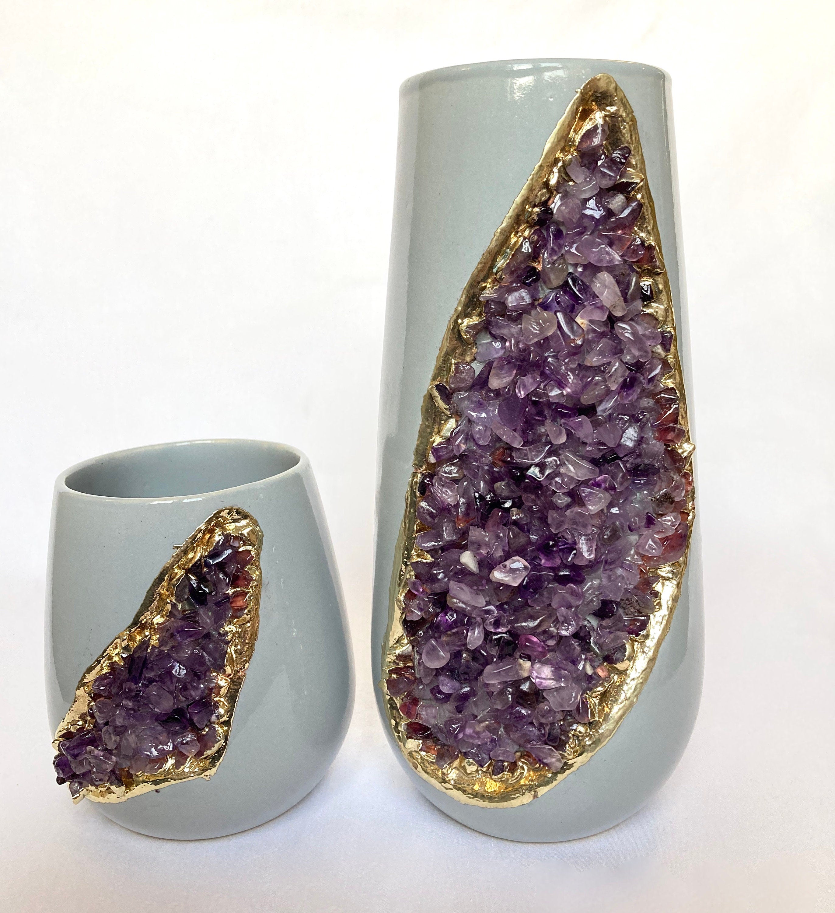 Grey and Gold Ceramic Vase/Planter/Pot/Wine Goblet/Mug with Purple Amethyst Semi-precious Agate Crystal Gemstones-0