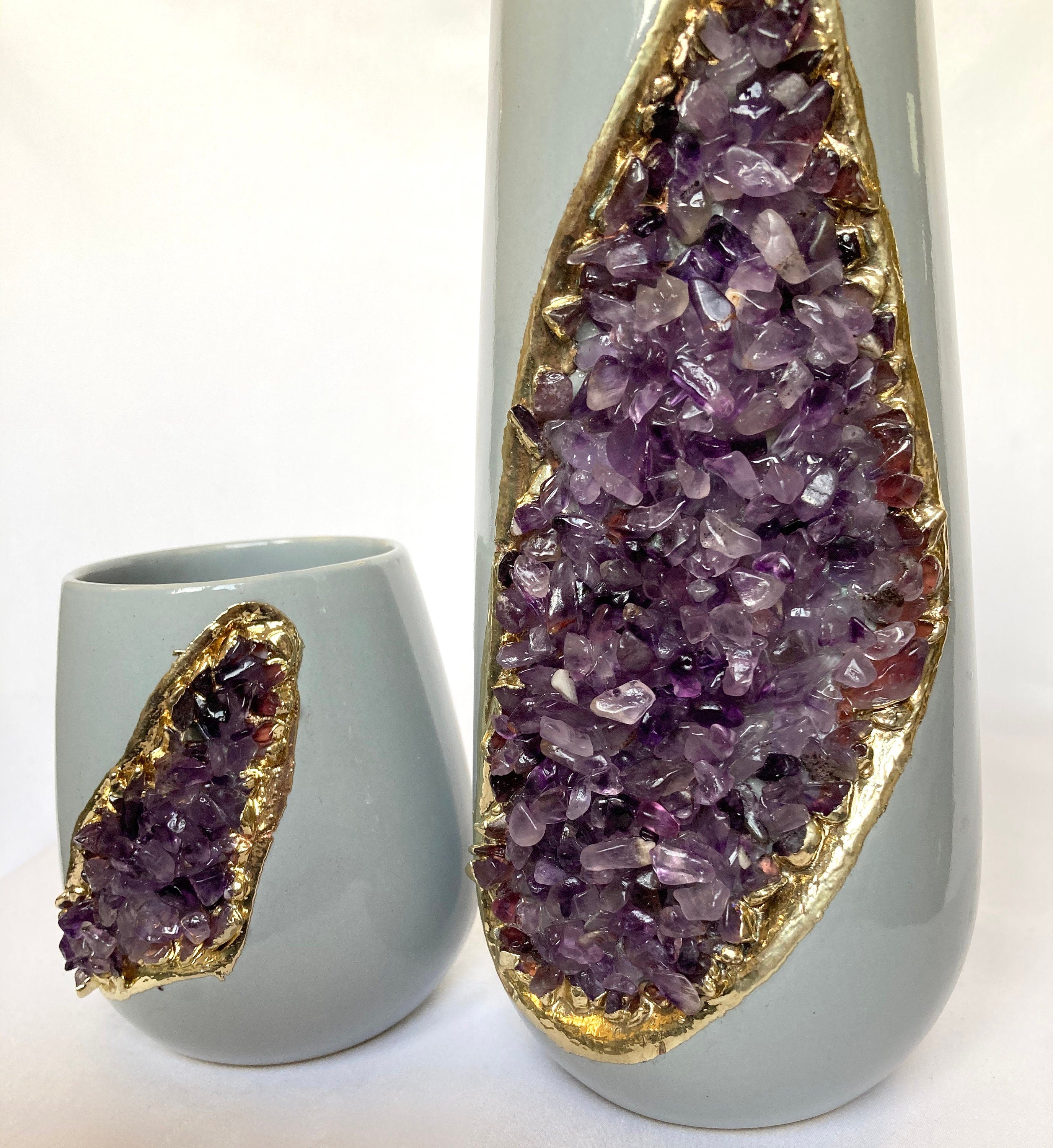 Grey and Gold Ceramic Vase/Planter/Pot/Wine Goblet/Mug with Purple Amethyst Semi-precious Agate Crystal Gemstones-1