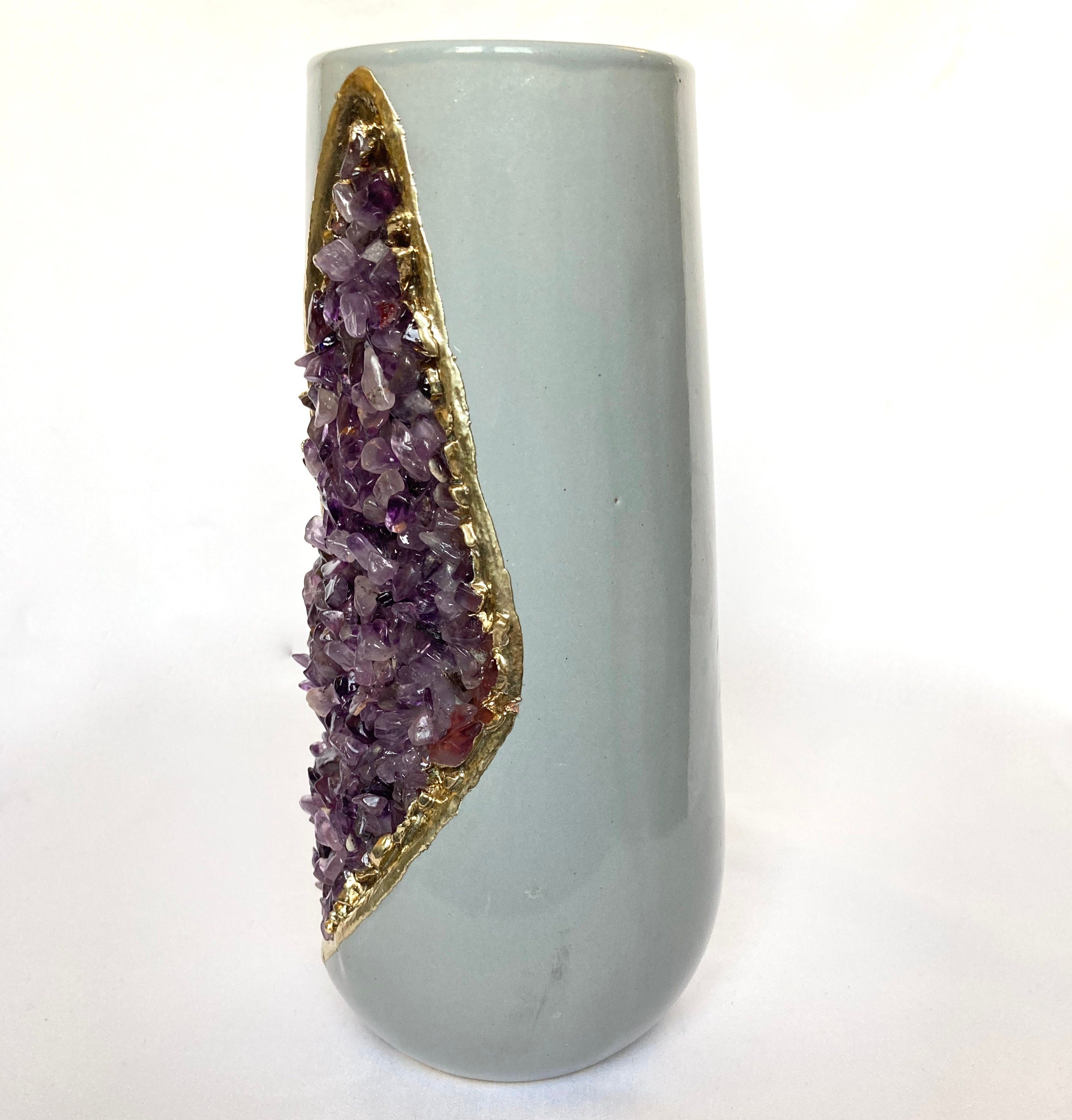 Grey and Gold Ceramic Vase/Planter/Pot/Wine Goblet/Mug with Purple Amethyst Semi-precious Agate Crystal Gemstones-3