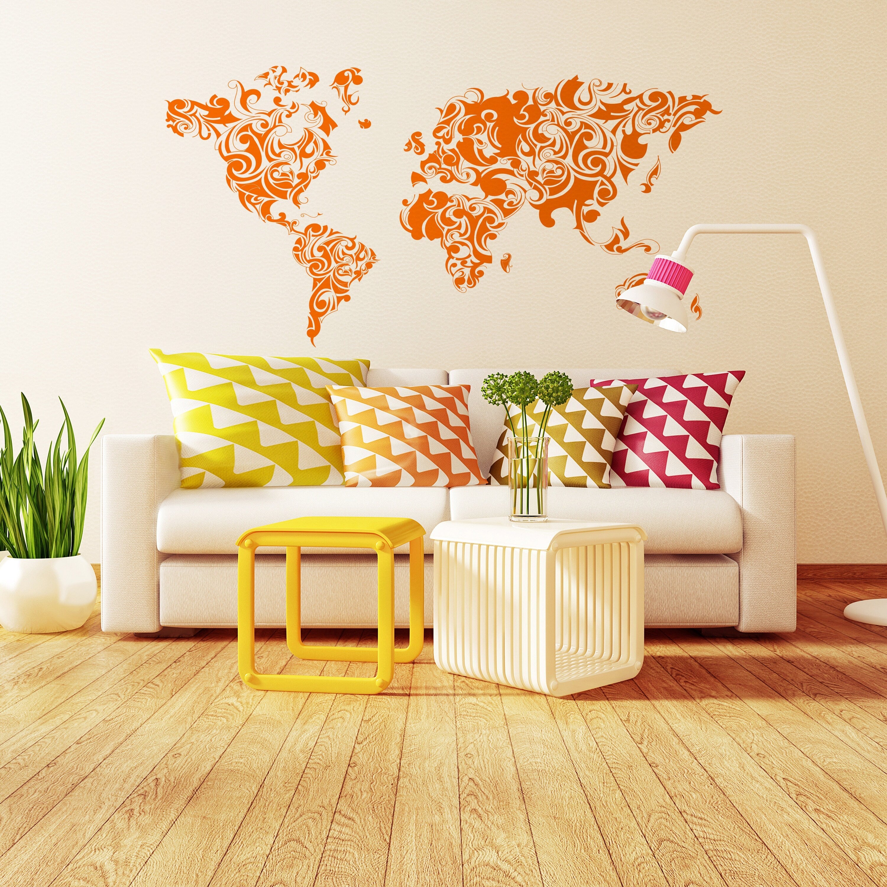 Worldmap Tribal Decal - Large World Map Vinyl Wall Sticker - World Map Wall Sticker - SKU: TFLORALWMSTICK-0