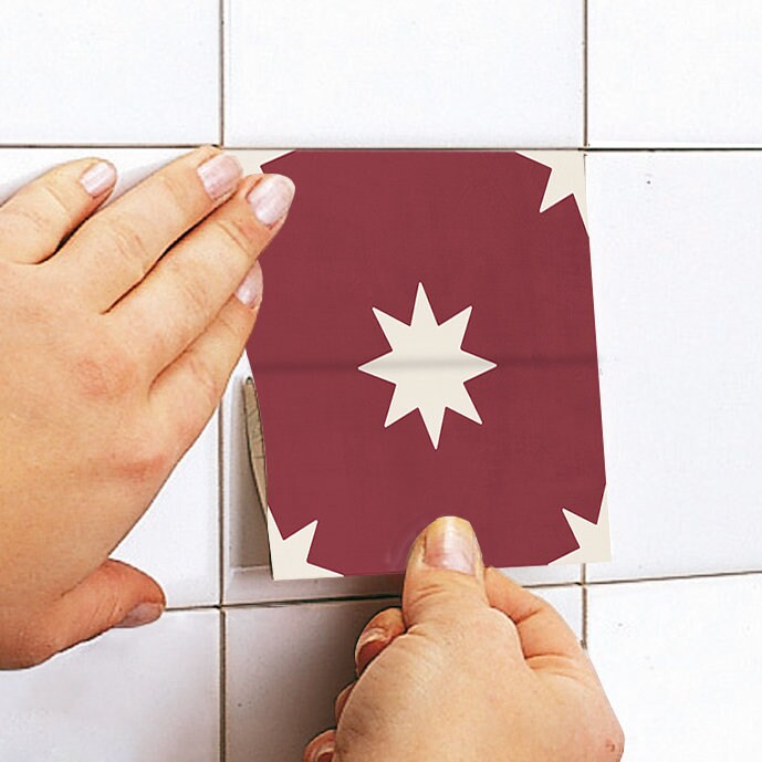 Red Wine Stars Tile Stickers, Suitable for Wall and Floor, Carrelage Adhésif, Peel & Stick, Kitchen Tile Decal, Pack of 10, SKU:STRED-3