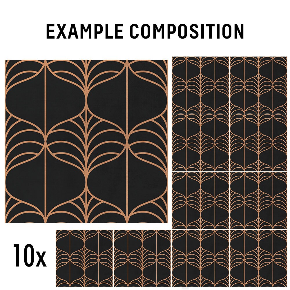 Art Deco Organic Lines Pattern - Black Tile Stickers - Peel and Stick Dark Stickers - Waterproof - PACK of 10 - SKU:ORGD-4