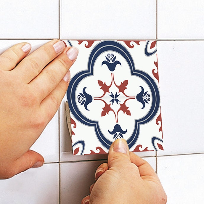 Blue and Red Portuguese Tile Stickers, Carrelage Adhésif, Peel & Stick, Waterproof, Decal for DIY, Stickers Carrelage, Pack of 10, SKU:PTRB-3