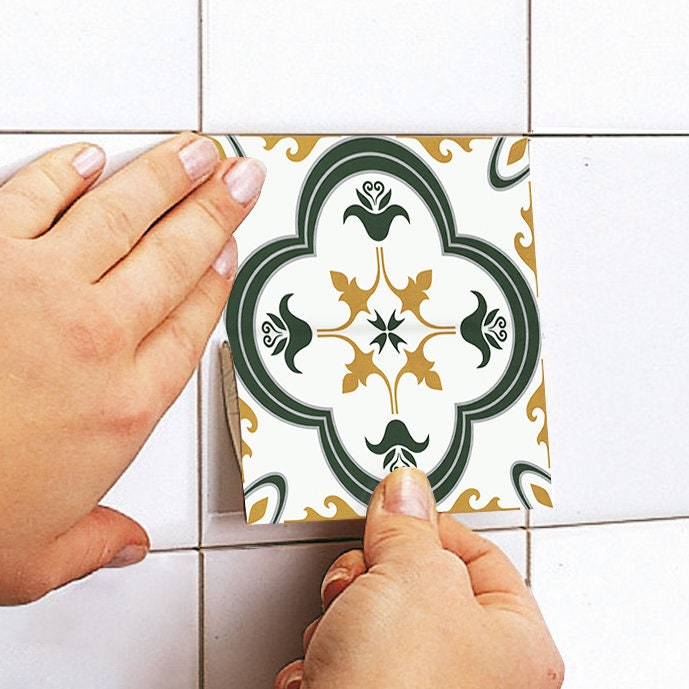 Green Portuguese Tile Stickers, Carrelage Adhésif, Peel & Stick, Tiles for Kitchen/Bathroom, Stickers Carrelage, Pack of 10, SKU:PTGRE-3