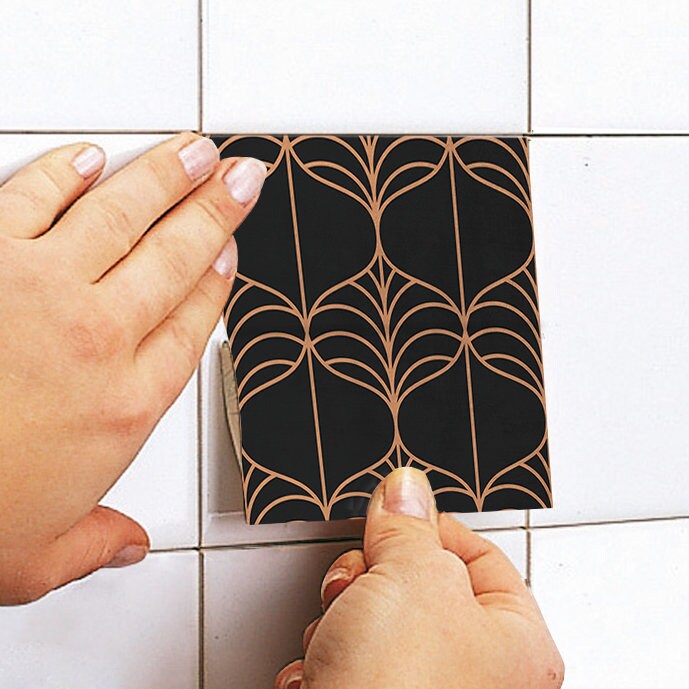 Art Deco Organic Lines Pattern - Black Tile Stickers - Peel and Stick Dark Stickers - Waterproof - PACK of 10 - SKU:ORGD-3