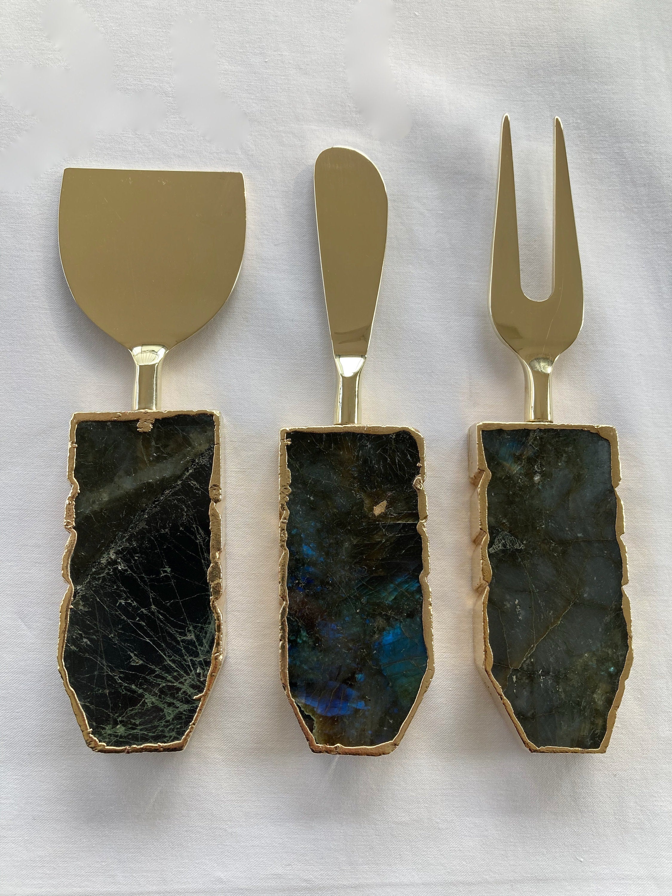 Set of 3 Labradorite Gemstone Agate Cheese Knives/Spreaders-0