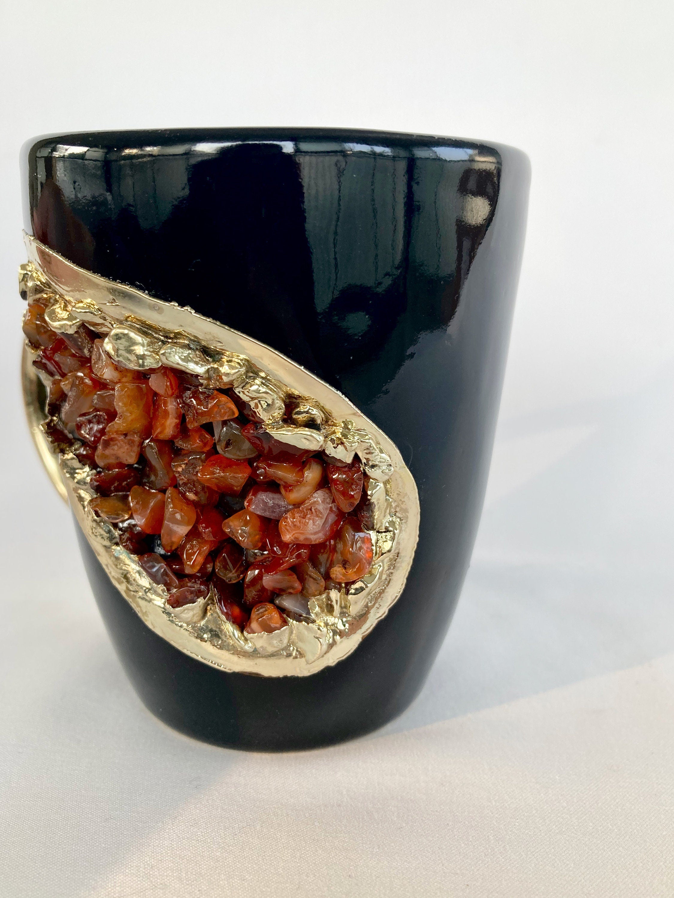 Set of 2 |Personalised Black and Gold Ceramic Coffee/Tea Mug with Red Semi-precious Agate Crystal Gemstones | 8 oz-2