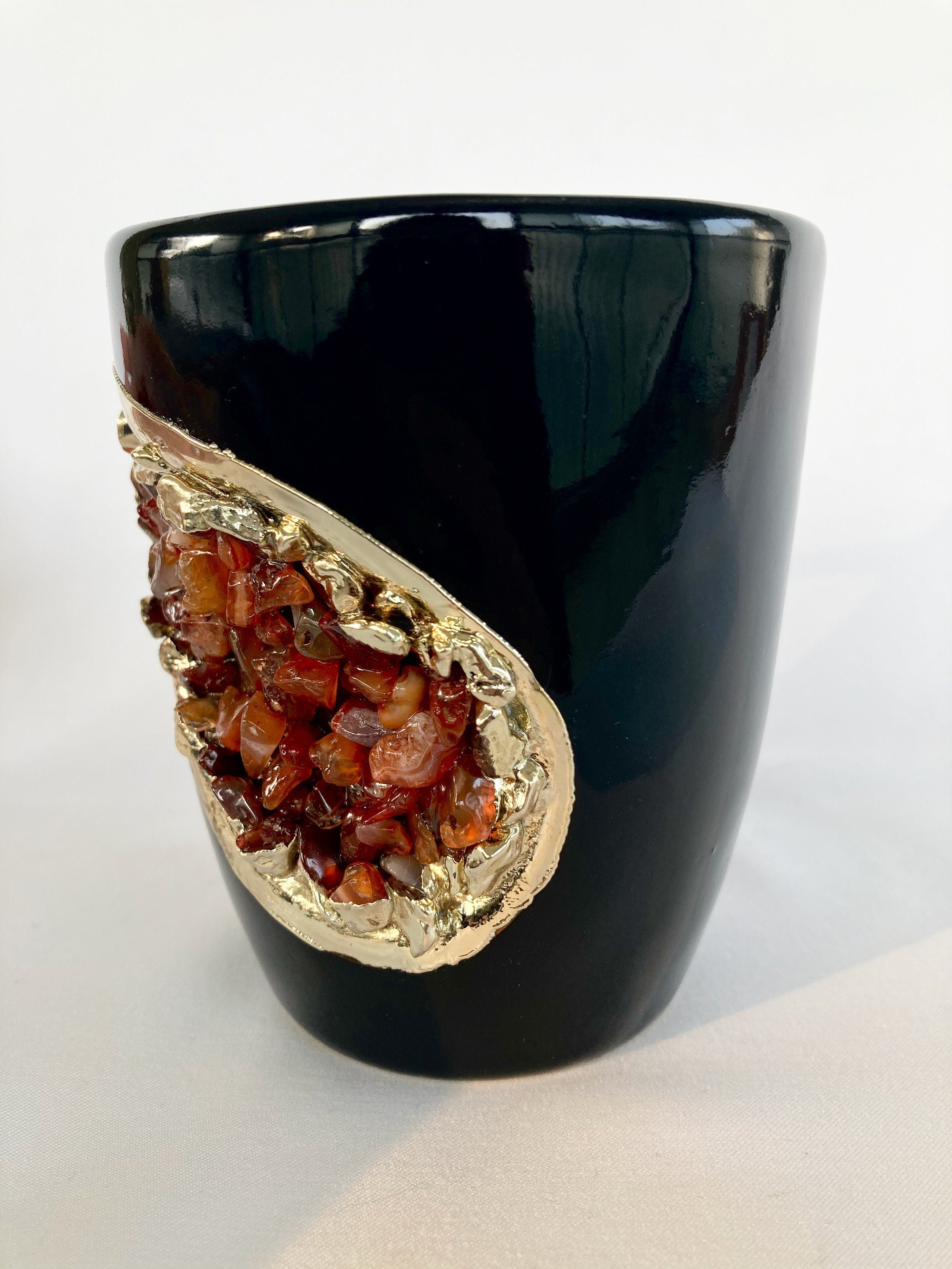 Set of 2 |Personalised Black and Gold Ceramic Coffee/Tea Mug with Red Semi-precious Agate Crystal Gemstones | 8 oz-3