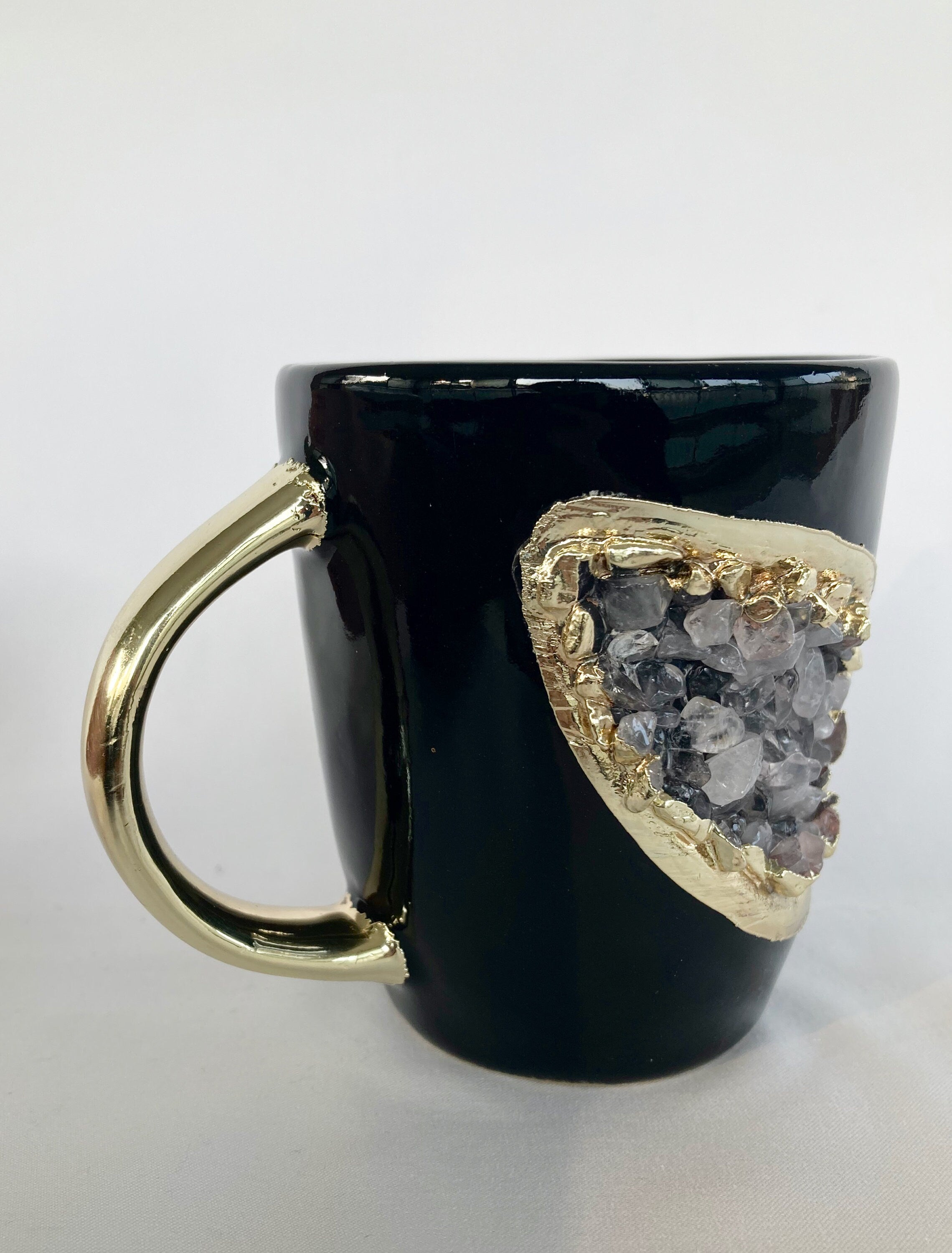 Personalised Black and Gold Ceramic Coffee/Tea Mug with Rose Quartz Semi-precious Agate Crystal Gemstones | 8 oz-3