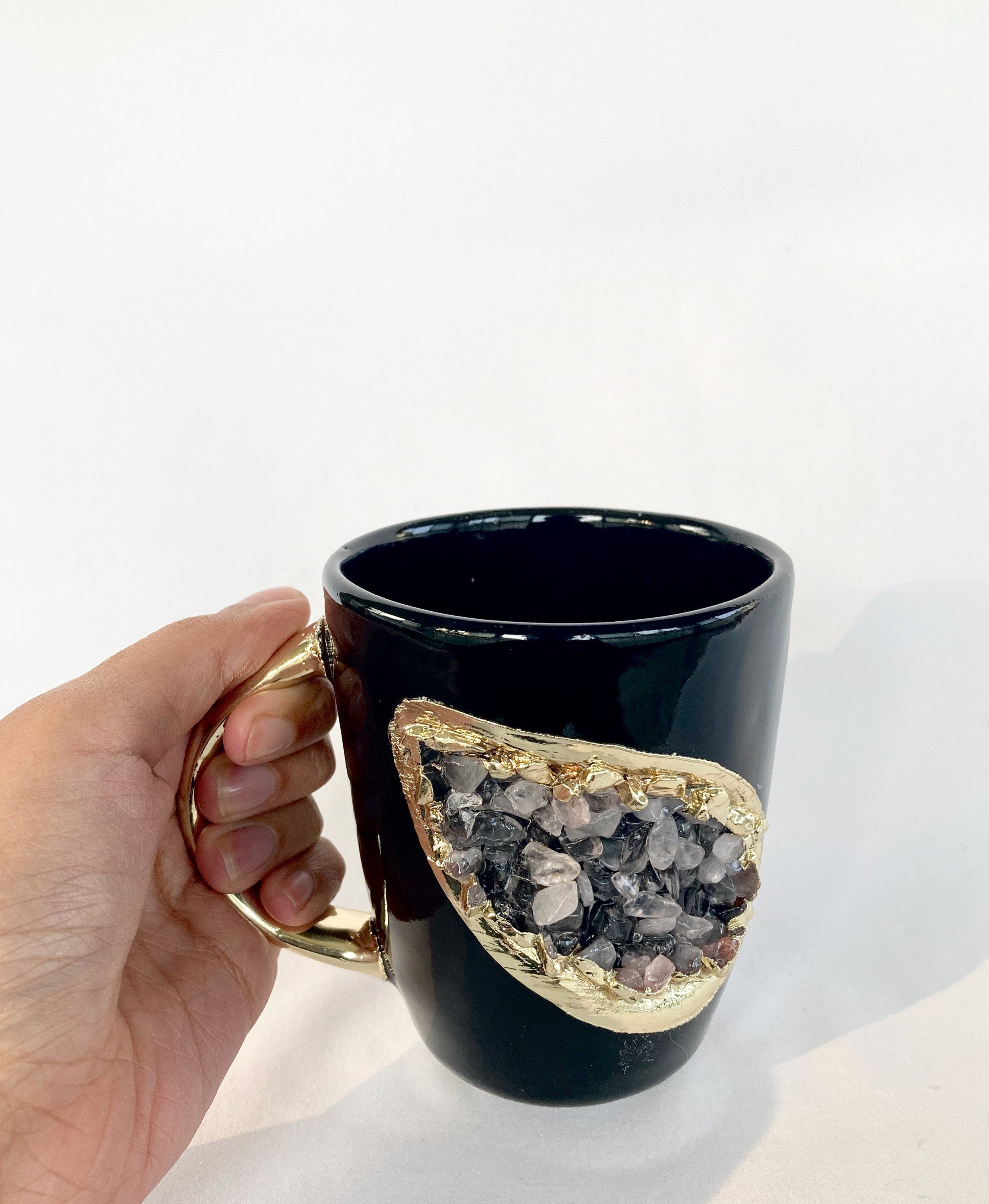 Personalised Black and Gold Ceramic Coffee/Tea Mug with Rose Quartz Semi-precious Agate Crystal Gemstones | 8 oz-4