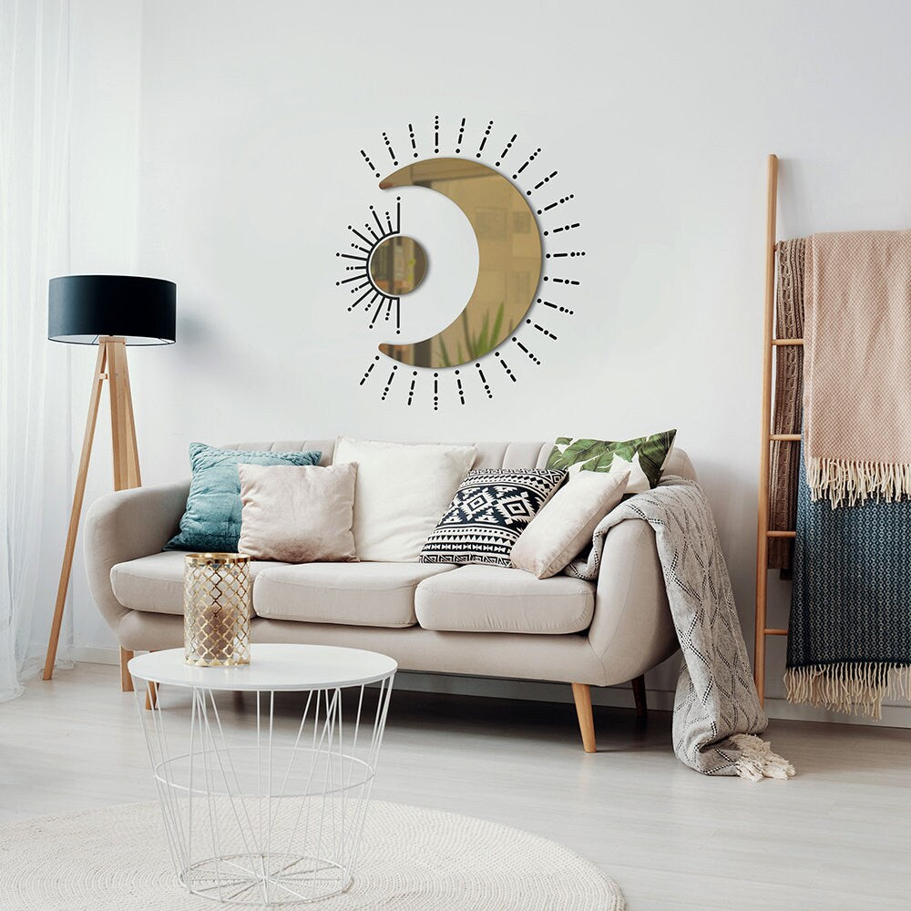 Sun & Moon Wall Decor, Sunburst Mirror, Boho Sun Wall Decal, Henna Vinyl Decals, Decorative Mirror - SKU:SOMI-1