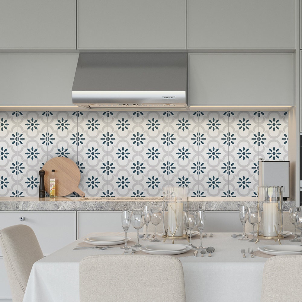 Kitchen Wall Decal - Grey Blue Flower Tile Backsplash - Crédence adhésive - Kitchen Backsplash Peel and Stick in Roll - SKU:RT50-2