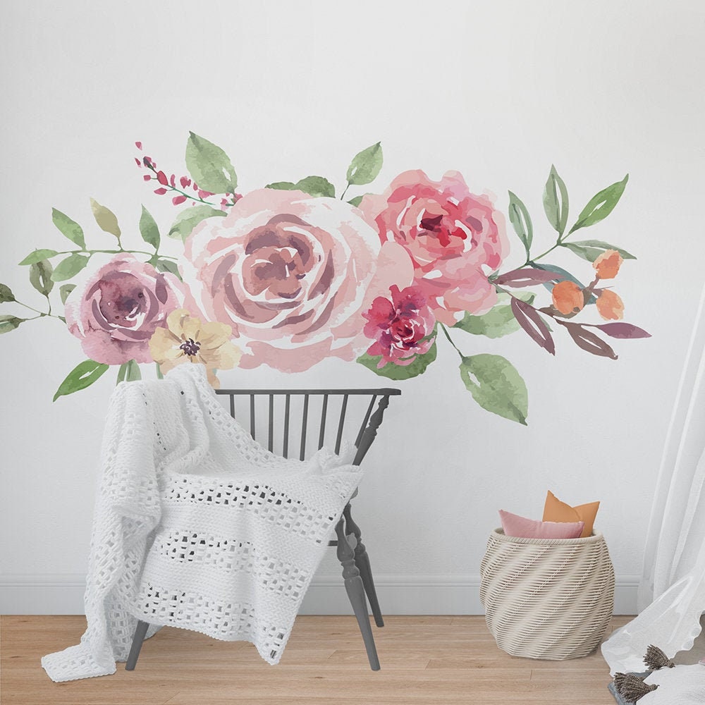 Blooms Peonies Flower Watercolor Wall Decal, Peony Floral Pink Nursery Wall Decor, Baby Room SKU:PENW-0