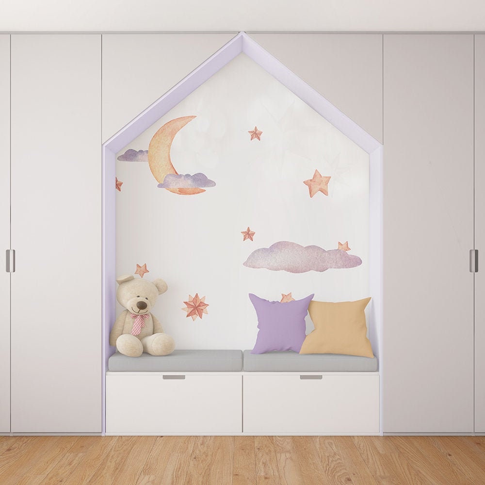 Watercolor Cloud Sky Stars, Watercolour Wall Decals, Nursery Stickers, Star and Moon Wall Decals, SKU:PRPL-0