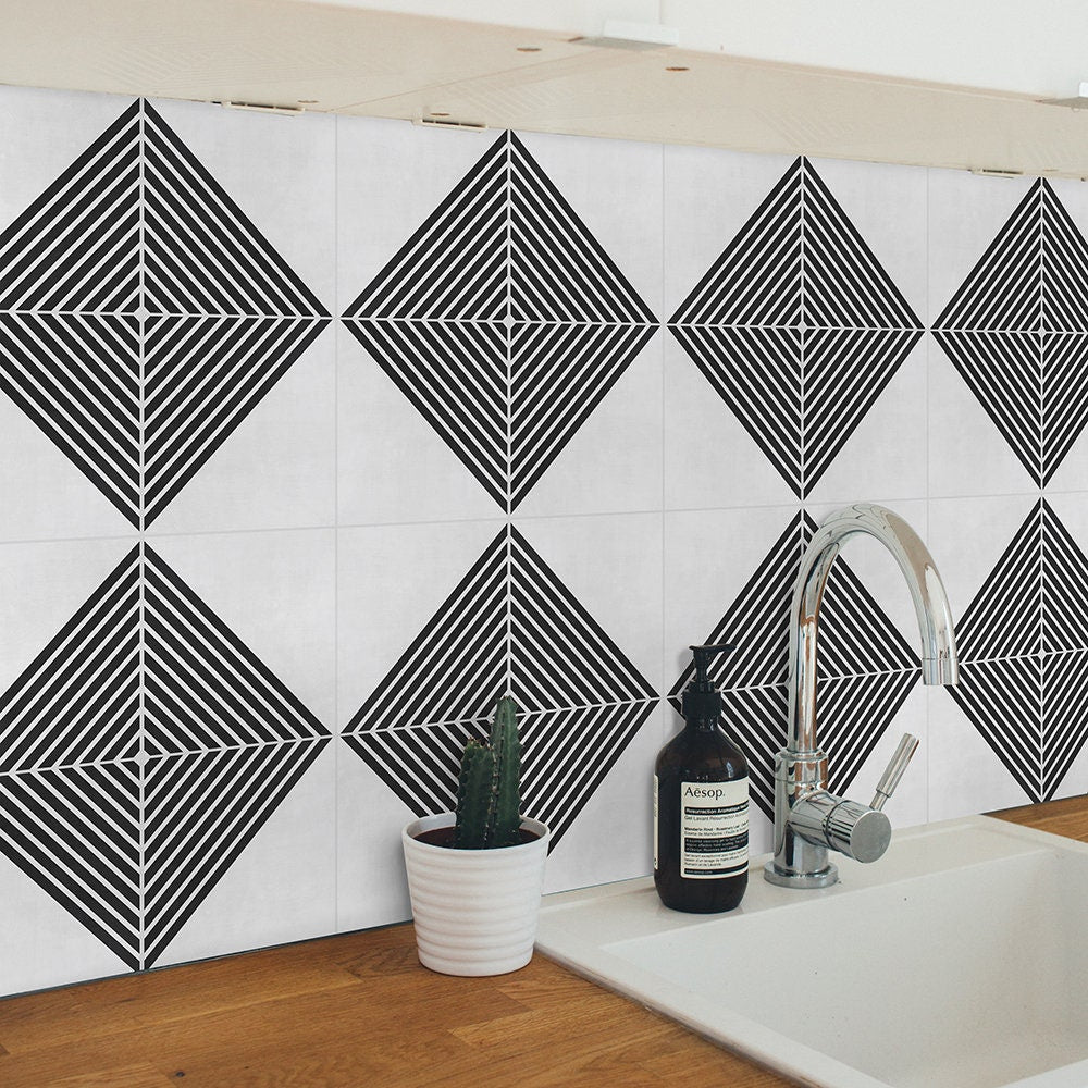 Geometric Lines Tile Stickers, Tiles for Kitchen and Bathroom, Waterproof, Tile Decoration, For Floor or Wall, PACK of 10, SKU:GLWB-0