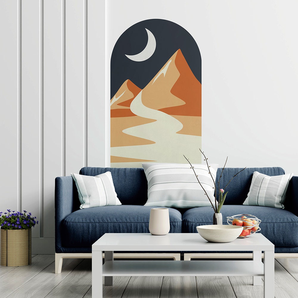 Night Sky & Orange Mountains, Boho Color Block Wall Decals, Abstract Mountain Landscape, Mid Century, Earth Colors Wall Art, SKU:ACNM-2