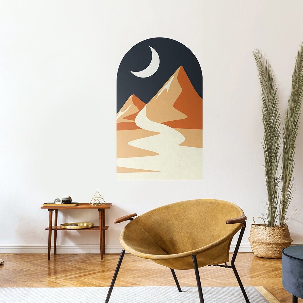 Night Sky & Orange Mountains, Boho Color Block Wall Decals, Abstract Mountain Landscape, Mid Century, Earth Colors Wall Art, SKU:ACNM-0