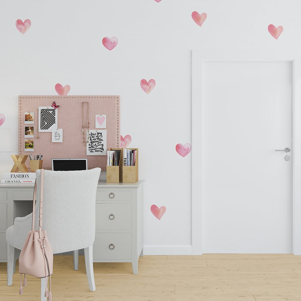 Watercolor Hearts Wall Decal, Nursery Stickers, Pink, Kids Wall Stickers, SKU:EART-4