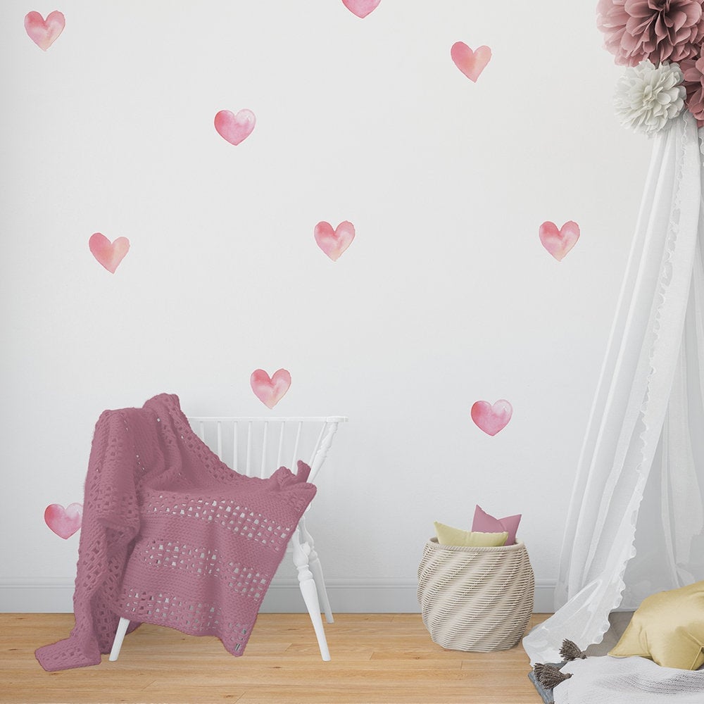 Watercolor Hearts Wall Decal, Nursery Stickers, Pink, Kids Wall Stickers, SKU:EART-0