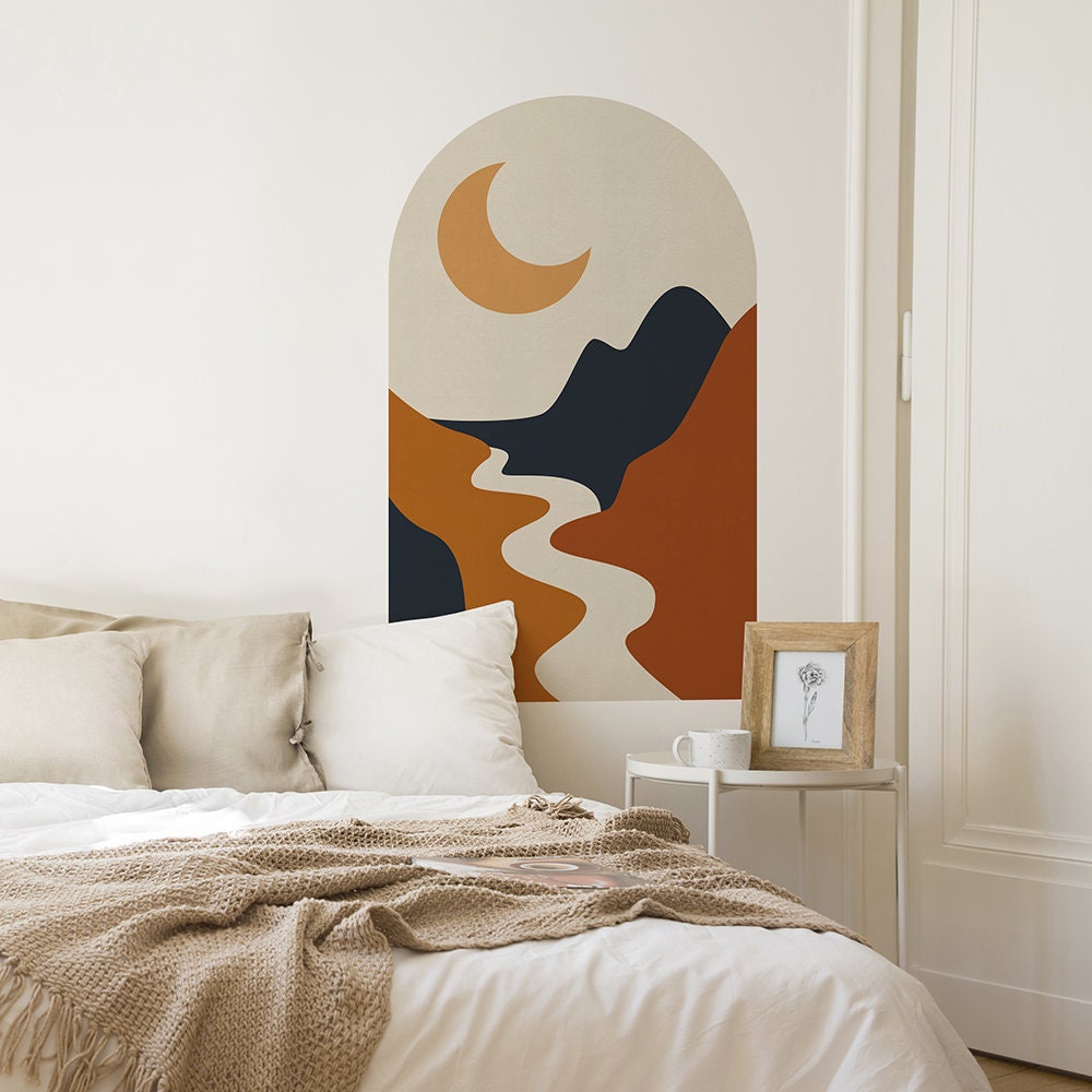 Blue & Orange Mountains, Boho Arches Wall Decal, Abstract Mountain Landscape, Boho Interior Wall Art, Color Blocking - SKU:AMBM-0