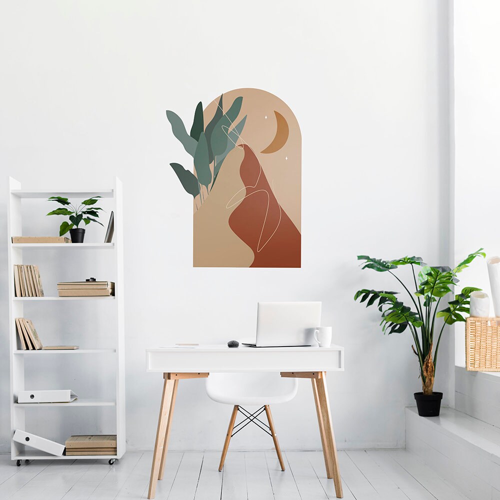 Mountains and Leaves Boho, Wall Sticker, Abstract Wall Decal, Terracotta Color Wall Art, Abstract Mountain Landscape - SKU:MTLF-2