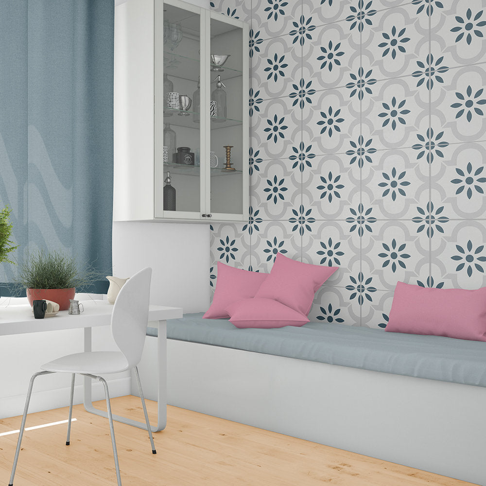 Grey Blue Flower Tile Stickers, Suitable Wall and Floor, Waterproof, Tile Decoration, Modern Decor, Pack of 10, SKU:GBFL-3