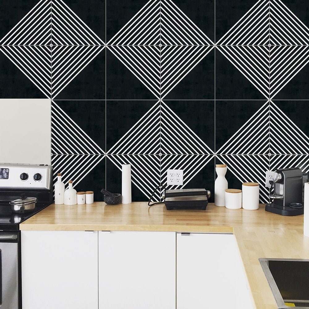 Geometric Lines Dark Tile Stickers, Suitable Wall and Floor, Waterproof, Tile Decoration, All Sizes, Modern Decor, PACK of 10, SKU:GDTP-2