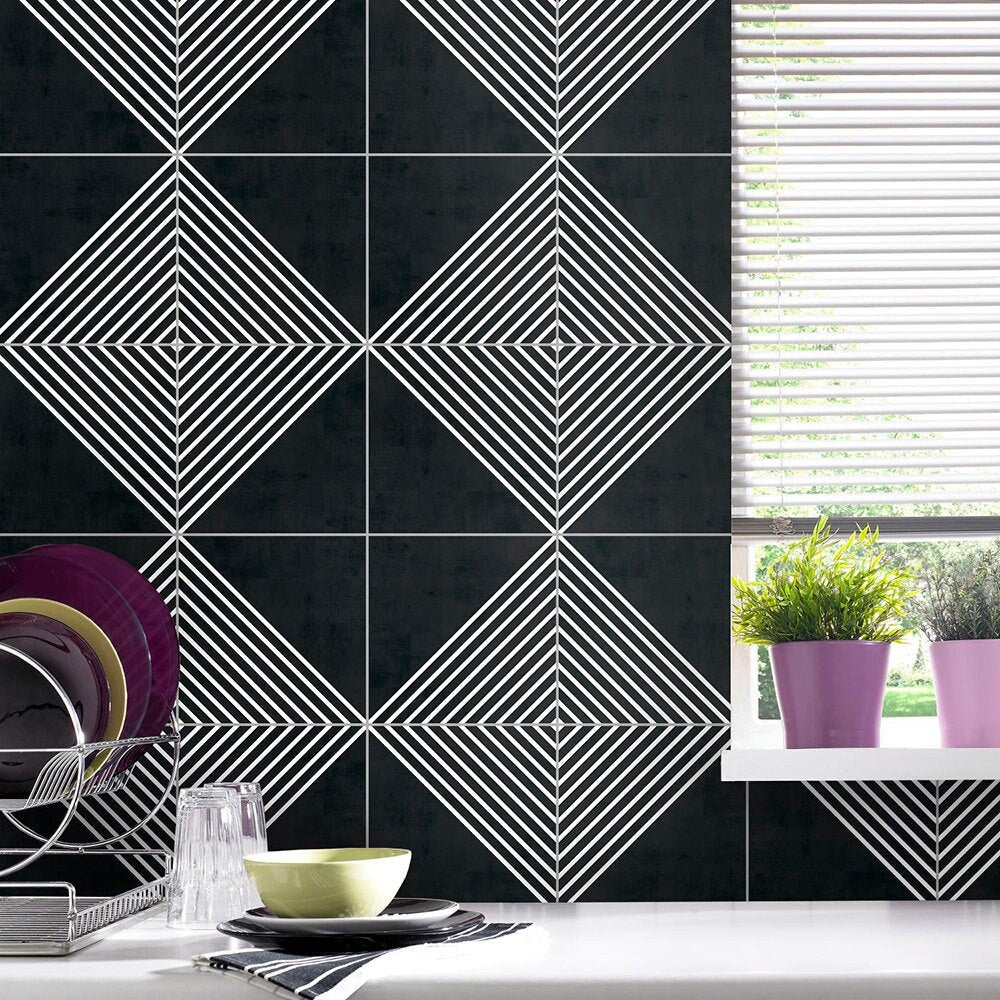 Geometric Lines Dark Tile Stickers, Suitable Wall and Floor, Waterproof, Tile Decoration, All Sizes, Modern Decor, PACK of 10, SKU:GDTP-0