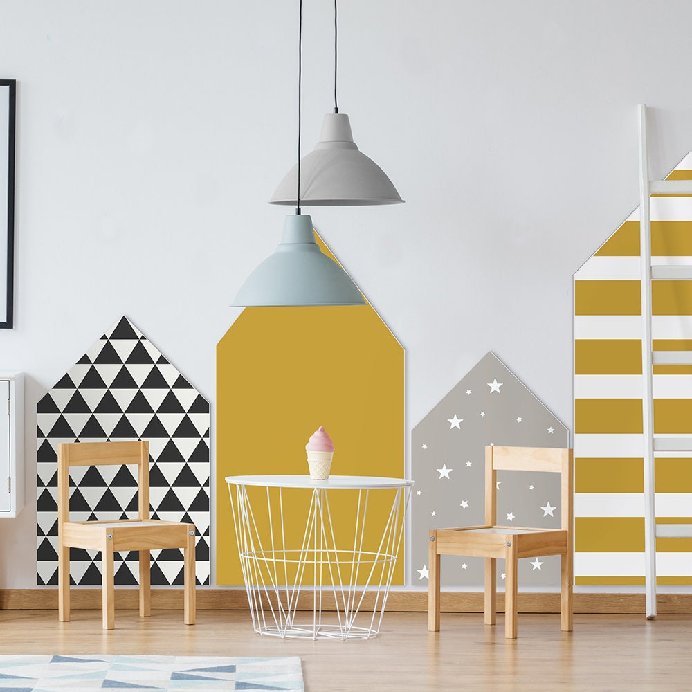 Big Yellow City Houses, Yellow Nursery Decor, Boho City Houses, Scandinavian Kids Decor, Mustard Decor - SKU:CTYG-1