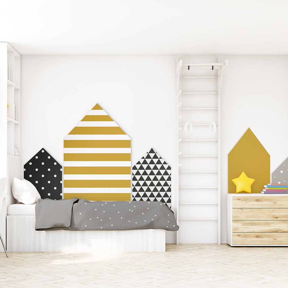 Big Yellow City Houses, Yellow Nursery Decor, Boho City Houses, Scandinavian Kids Decor, Mustard Decor - SKU:CTYG-0