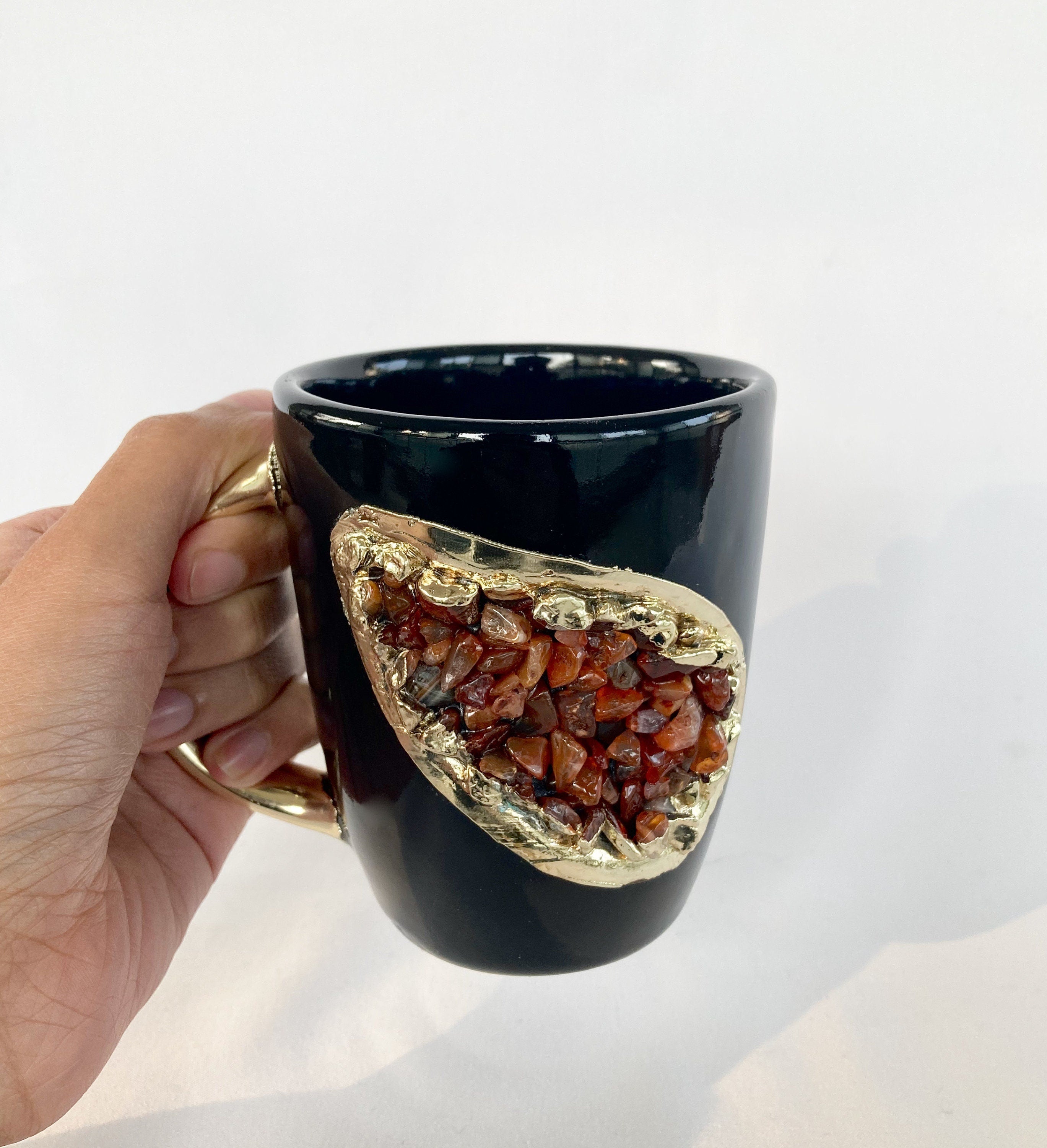 Set of 2 |Personalised Black and Gold Ceramic Coffee/Tea Mug with Red Semi-precious Agate Crystal Gemstones | 8 oz-4