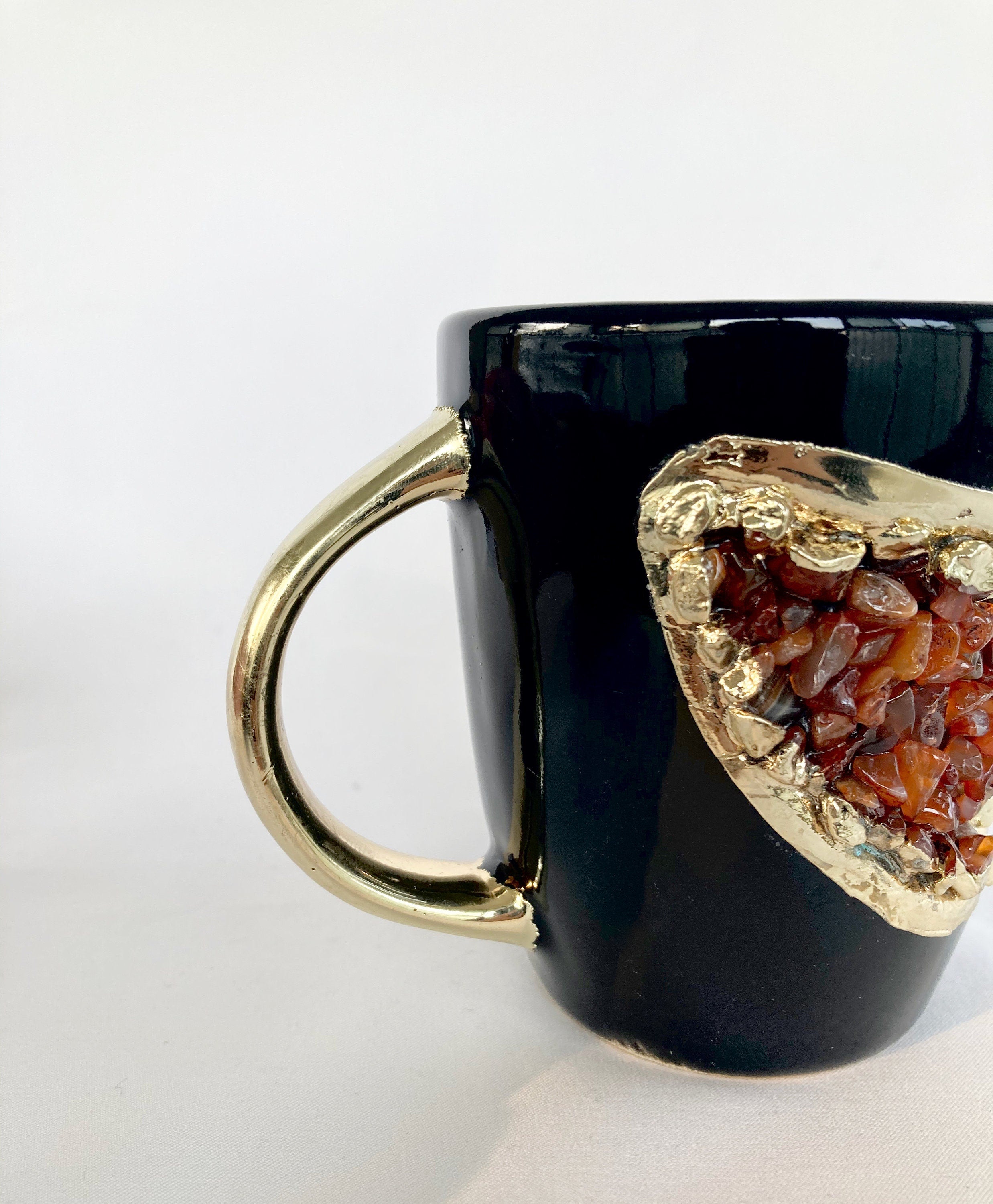 Set of 2 |Personalised Black and Gold Ceramic Coffee/Tea Mug with Red Semi-precious Agate Crystal Gemstones | 8 oz-1