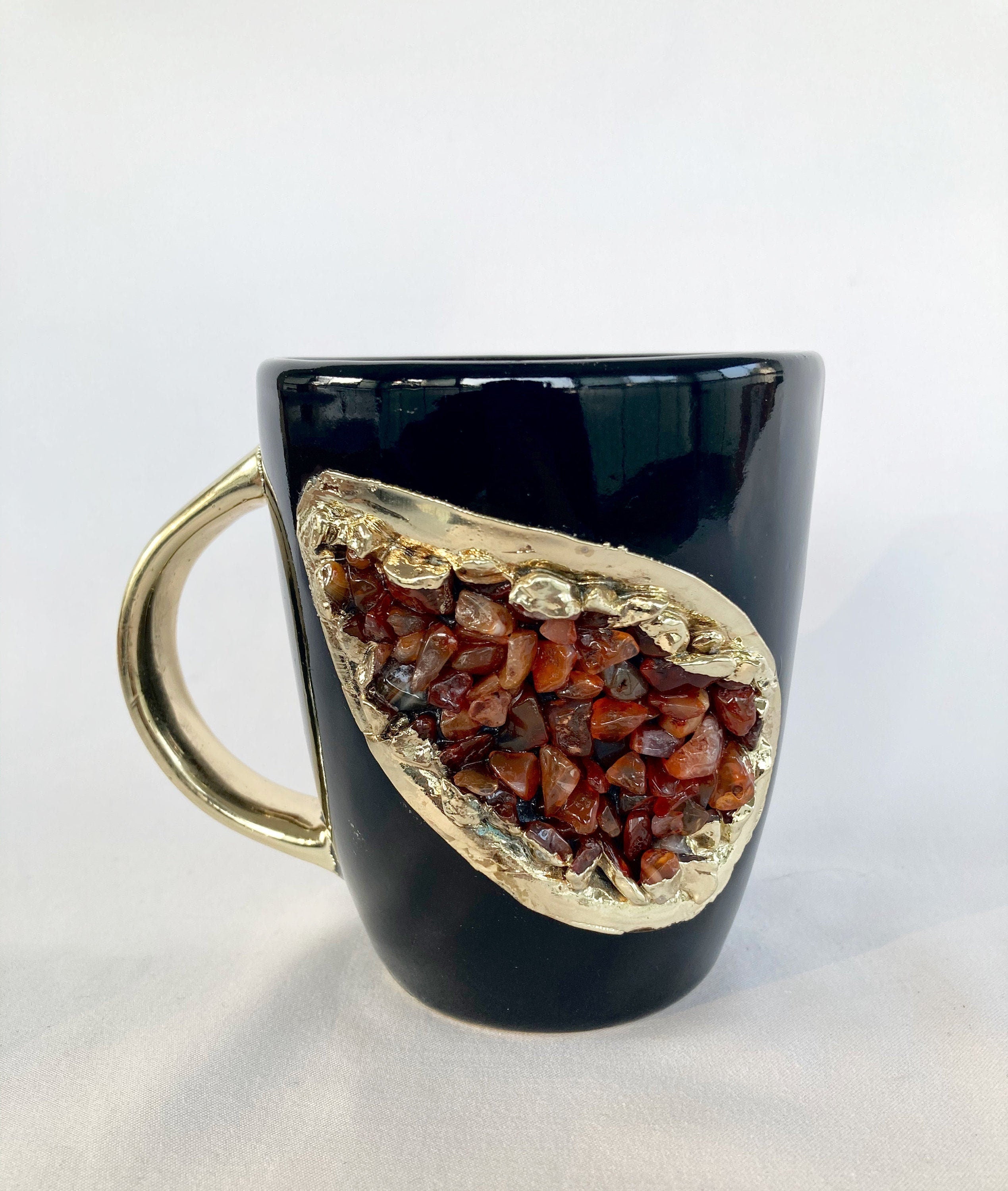 Set of 2 |Personalised Black and Gold Ceramic Coffee/Tea Mug with Red Semi-precious Agate Crystal Gemstones | 8 oz-0