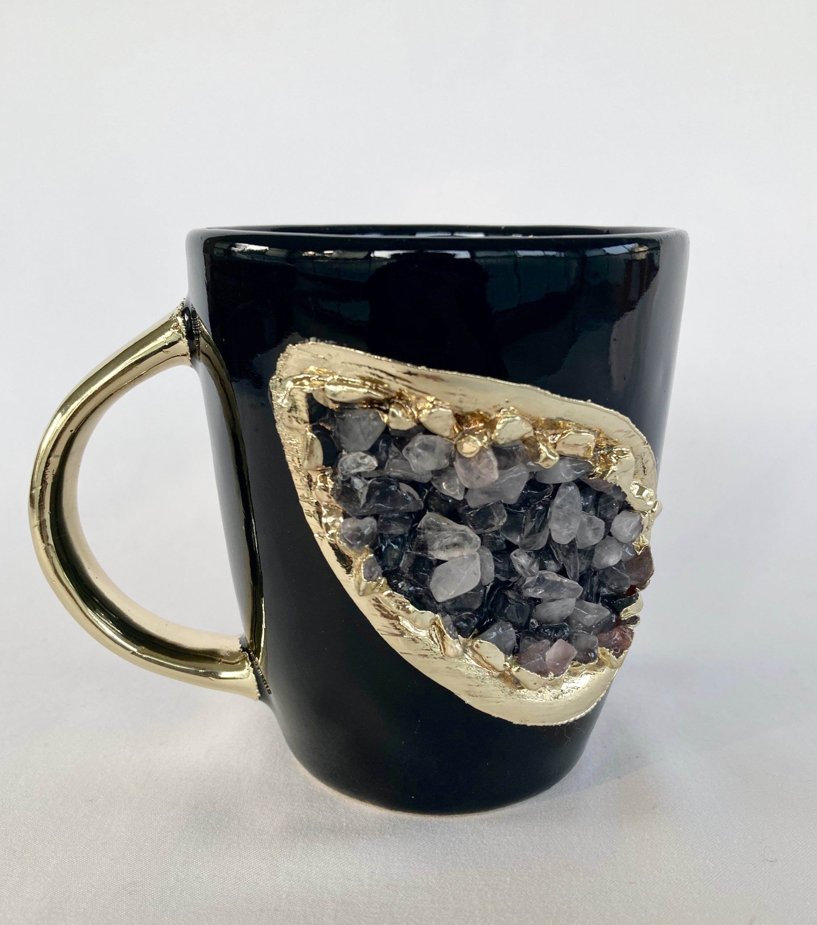 Personalised Black and Gold Ceramic Coffee/Tea Mug with Rose Quartz Semi-precious Agate Crystal Gemstones | 8 oz-0