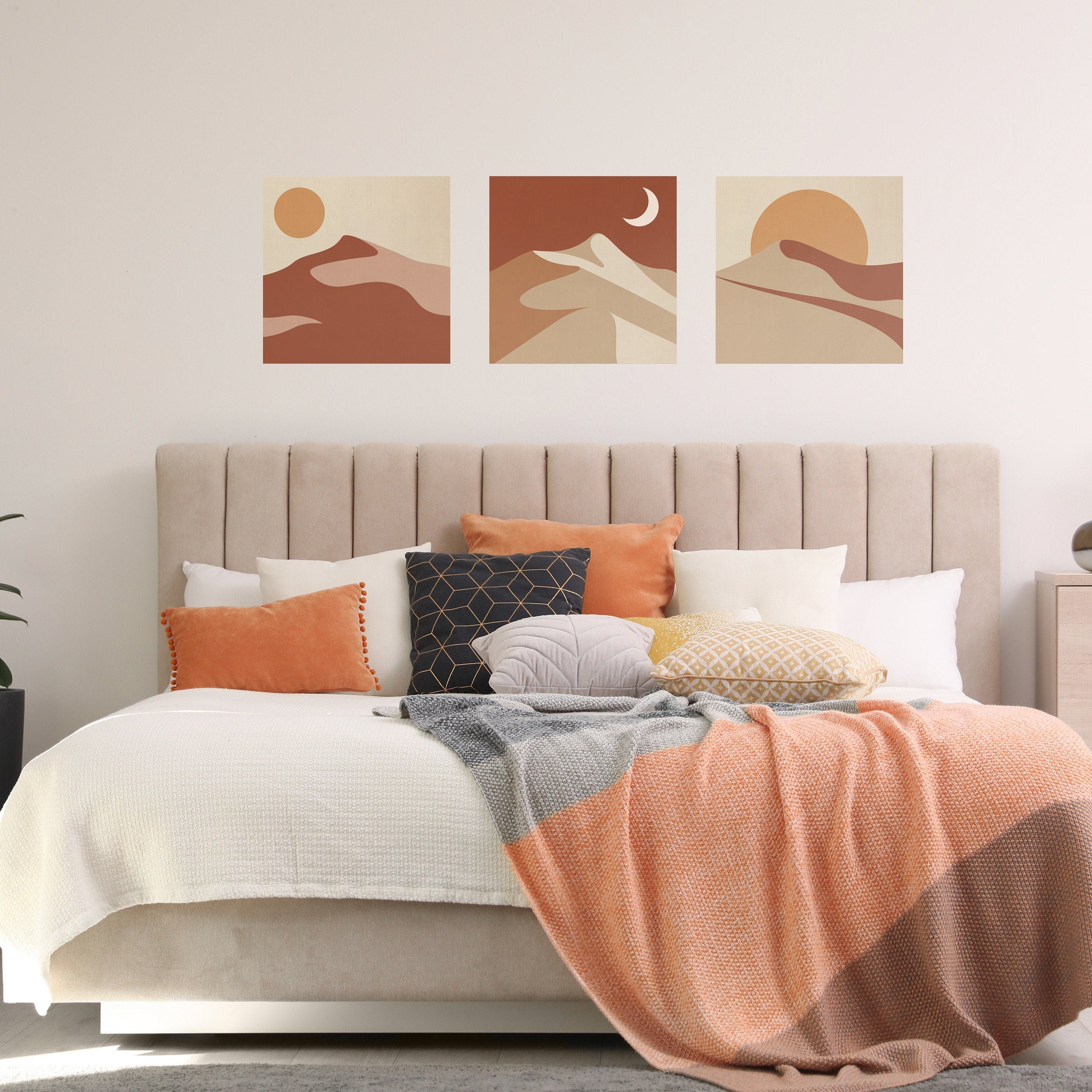 Mountains Boho Wall Decal, Moroccan Art, Terracotta Color Wall Art, Abstract Mountain Landscape, Set of 3 - SKU:TRMT-0