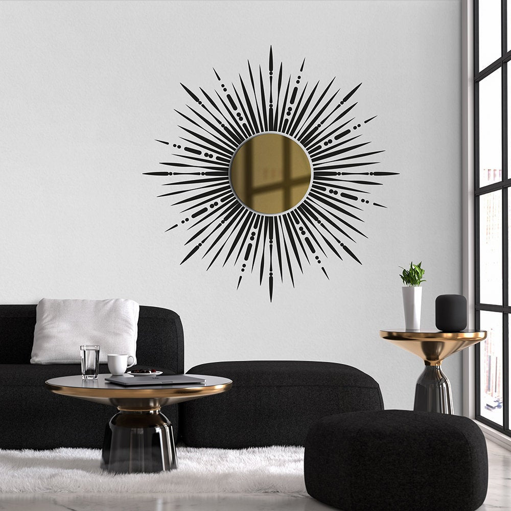 Black & Gold Sunburst Mirror, Boho Sun Wall Decal, Small Wall Mirror, Decorative Mirror, Henna Vinyl Decals - SKU:SUNB-0