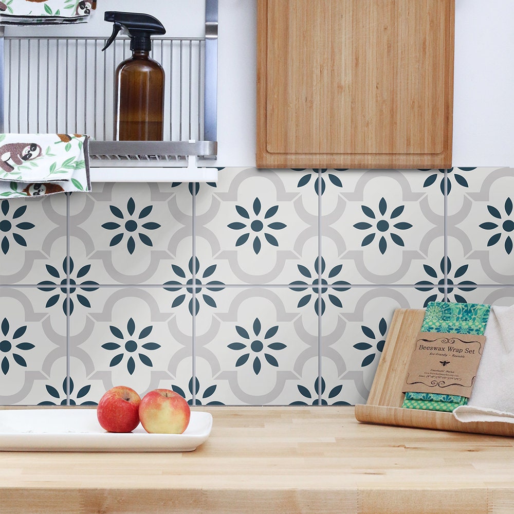 Kitchen Wall Decal - Grey Blue Flower Tile Backsplash - Crédence adhésive - Kitchen Backsplash Peel and Stick in Roll - SKU:RT50-1