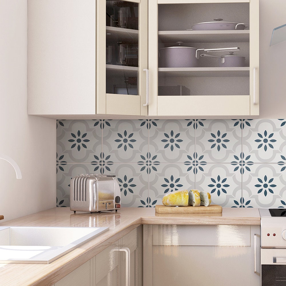 Kitchen Wall Decal - Grey Blue Flower Tile Backsplash - Crédence adhésive - Kitchen Backsplash Peel and Stick in Roll - SKU:RT50-0