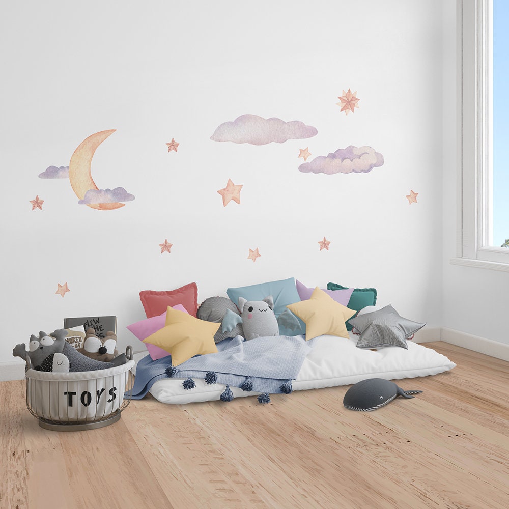 Watercolor Cloud Sky Stars, Watercolour Wall Decals, Nursery Stickers, Star and Moon Wall Decals, SKU:PRPL-2