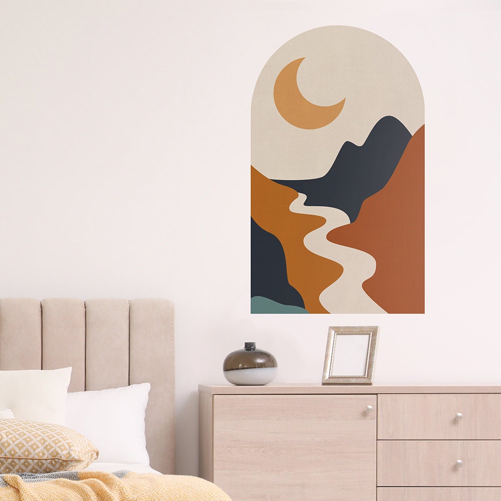 Blue & Orange Mountains, Boho Arches Wall Decal, Abstract Mountain Landscape, Boho Interior Wall Art, Color Blocking - SKU:AMBM-2