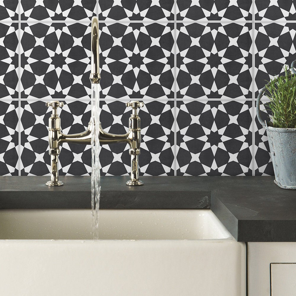 Black Starry Tile Stickers, Basel Pattern, Waterproof & Removable, Kitchen or Backsplash, PACK of 10, SKU:BASL-0