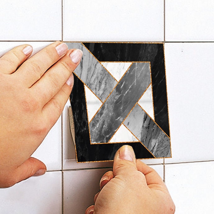 Dark Marble and Gold Tile Stickers, Suitable for Wall and Floor, Mosaic Tiles Sticker, Waterproof, Pack of 10, SKU:GMG-2