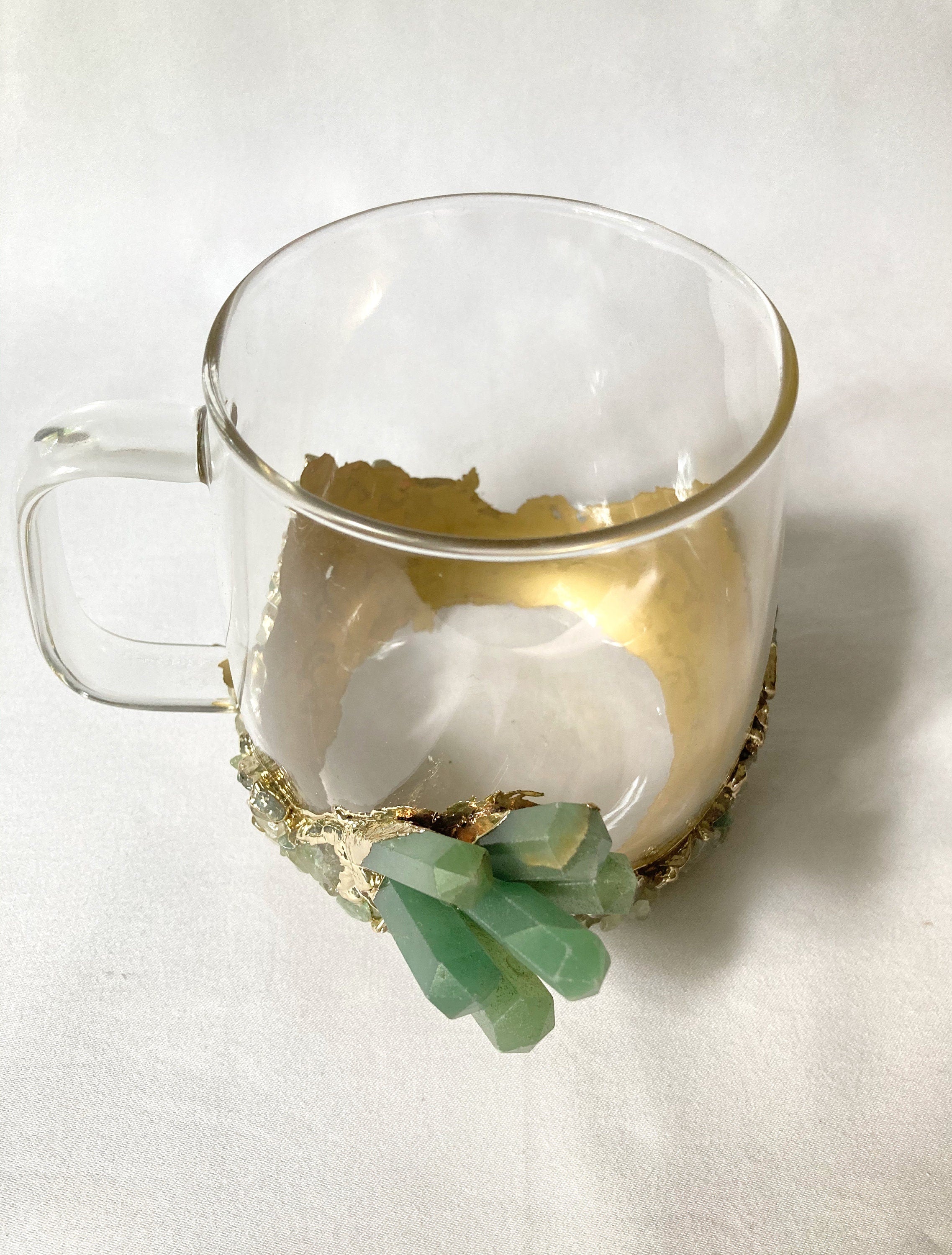 Set of 2 |Crystal Glass Coffee/Tea/Juice Mugs with Gold Plated Green Agate/Quartz Semi-precious Crystals | 17 oz/500 ml-1