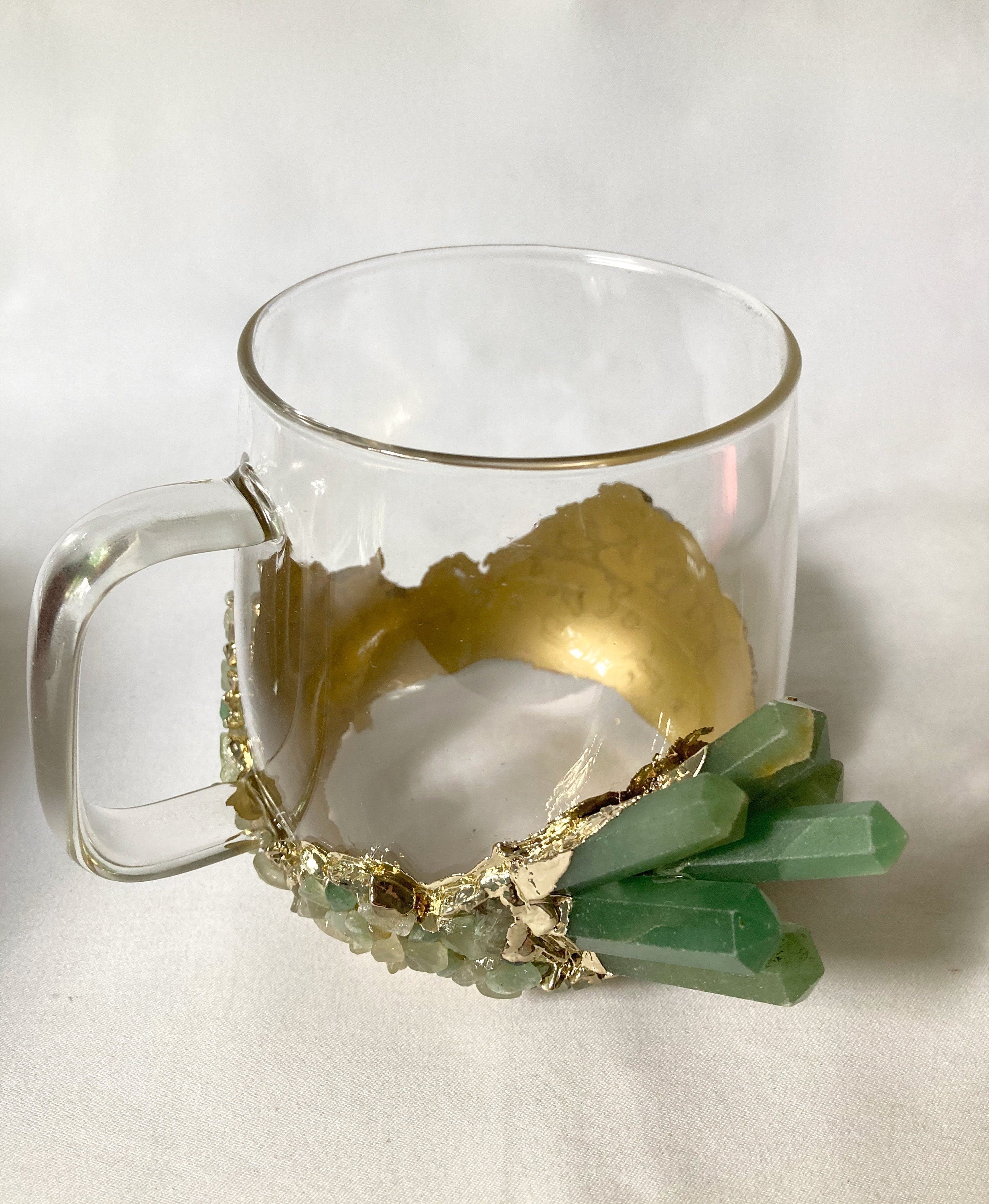 Set of 2 |Crystal Glass Coffee/Tea/Juice Mugs with Gold Plated Green Agate/Quartz Semi-precious Crystals | 17 oz/500 ml-2