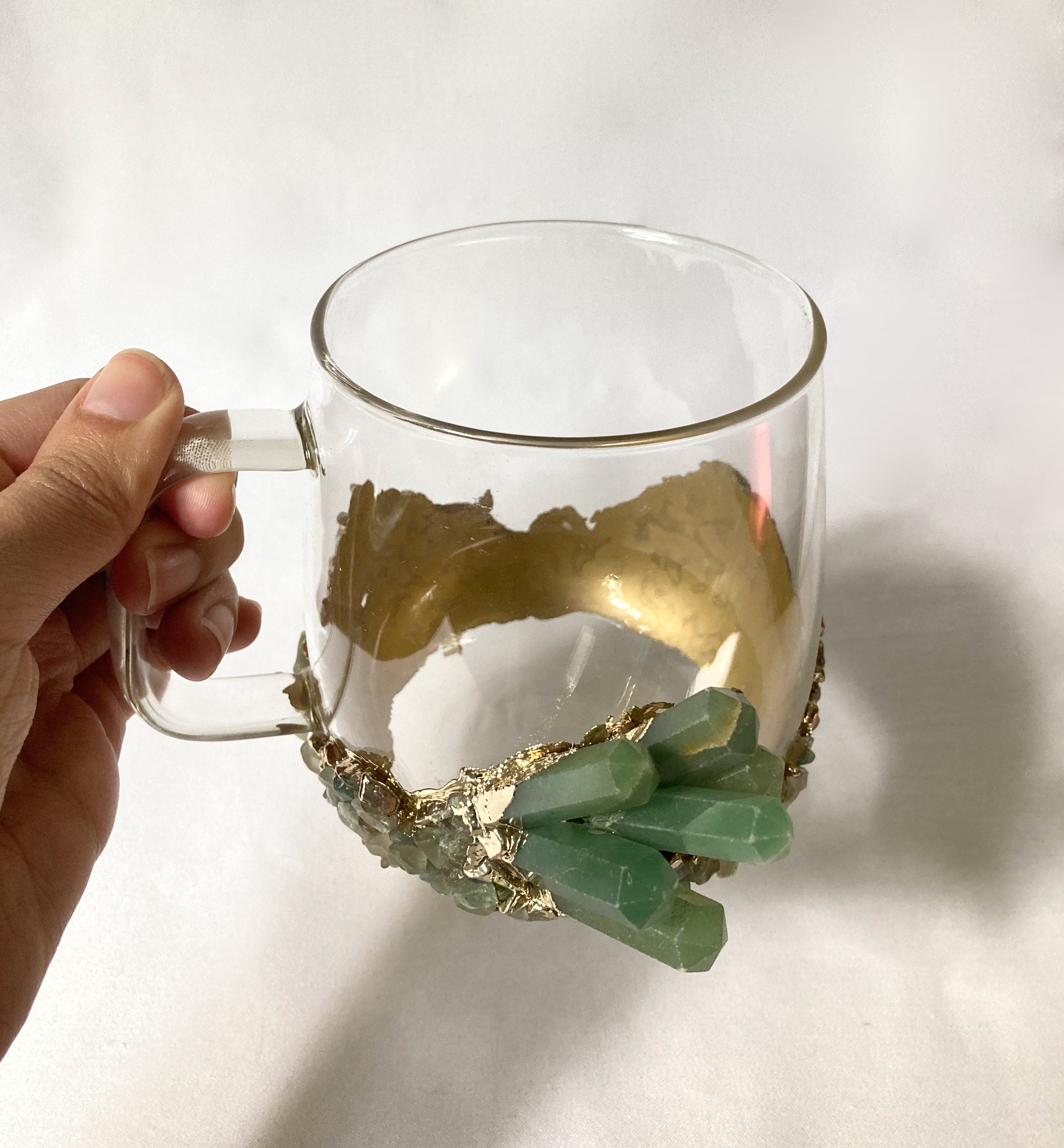 Set of 2 |Crystal Glass Coffee/Tea/Juice Mugs with Gold Plated Green Agate/Quartz Semi-precious Crystals | 17 oz/500 ml-3