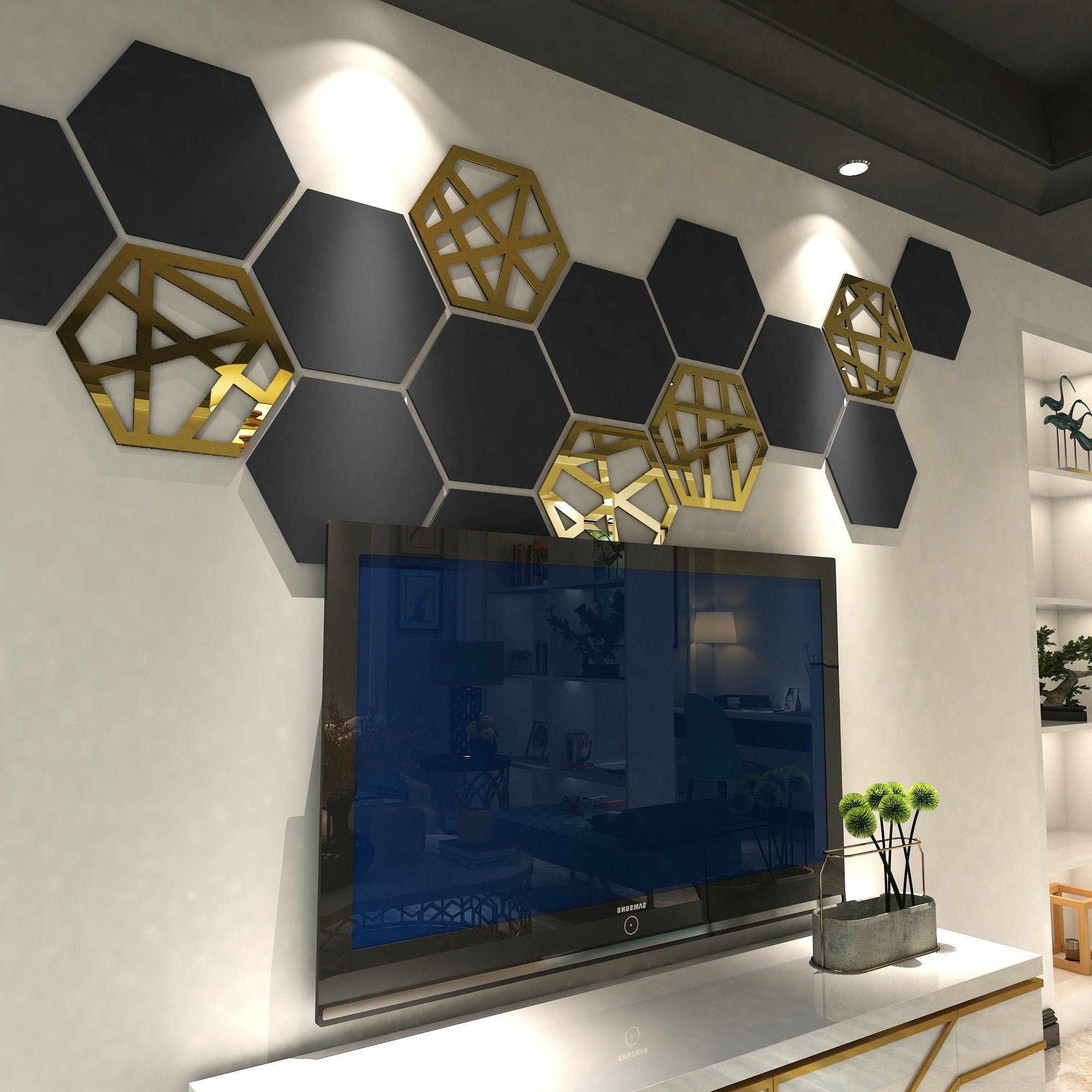 Hexagons Wall Panels, 3D Wall Decor, Polygon Wall Art, Honeycomb Decorative Wall Art, 16 Hexagons per pack, SKU:HXGM-0