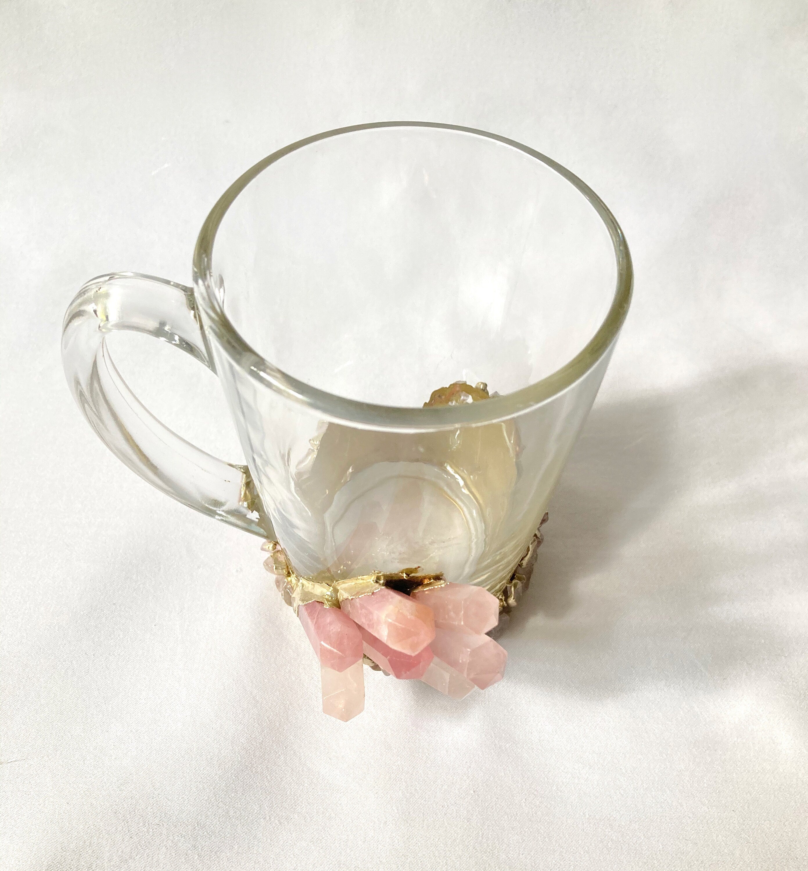 Set of 2 |Crystal Glass Coffee/Tea/Juice Mugs with Gold Plated Rose Quartz Agate Semi-precious Crystals | 11 oz/320 ml-3