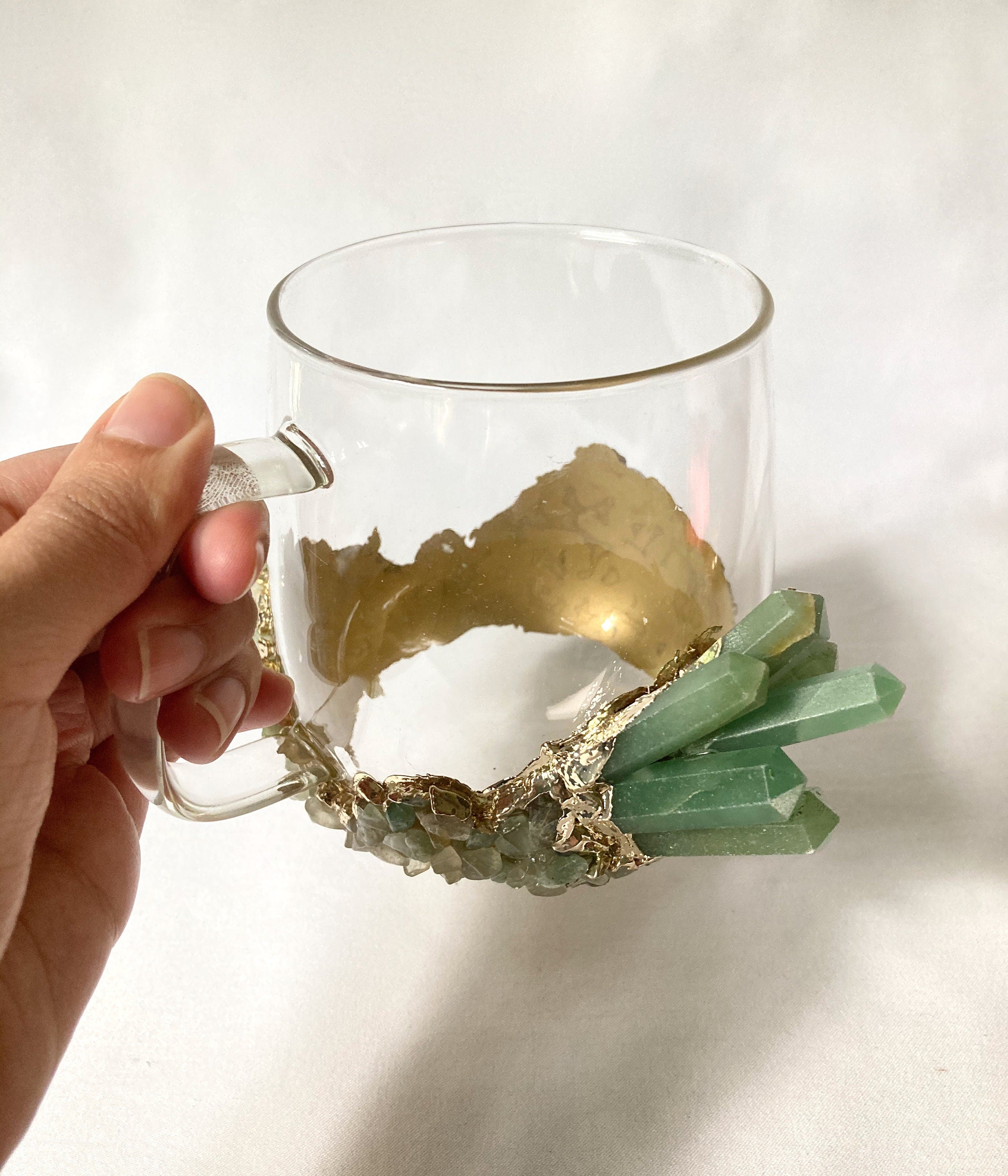 Set of 2 |Crystal Glass Coffee/Tea/Juice Mugs with Gold Plated Green Agate/Quartz Semi-precious Crystals | 17 oz/500 ml-4